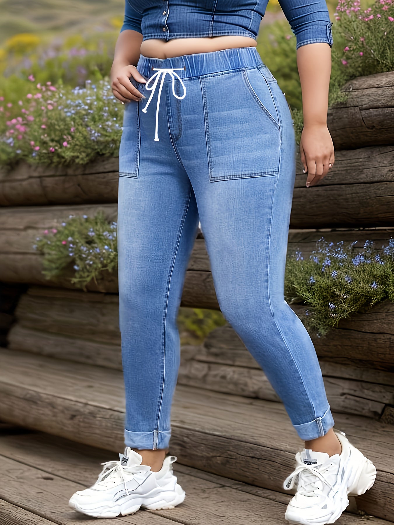 Women's Plus Washed Elastic Drawstring High Rise High Stretch Jeans