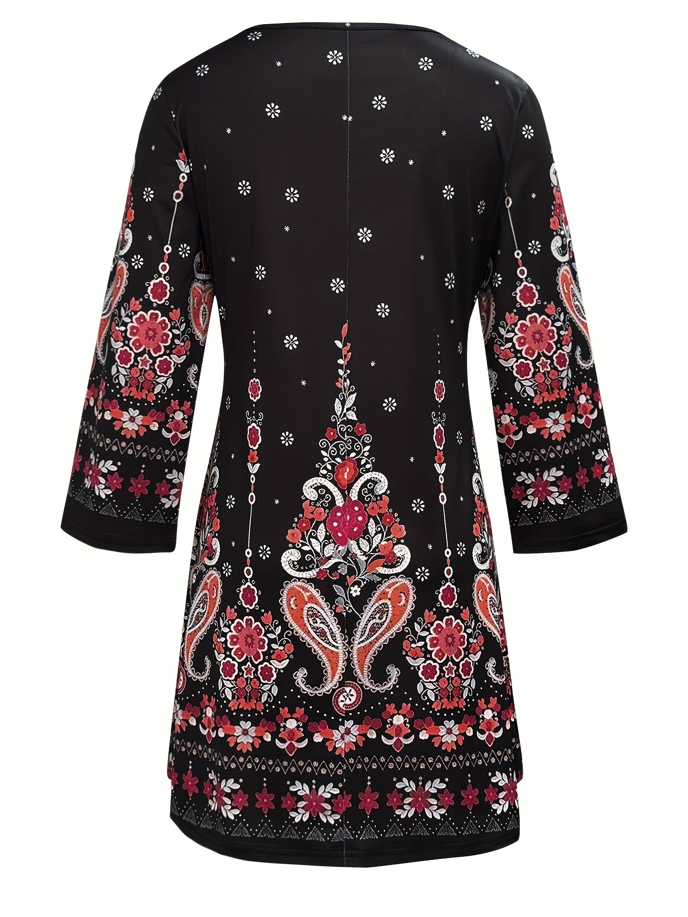 Vintage Paisley Print V-Neck Peplum Dress with Three-Quarter Sleeves