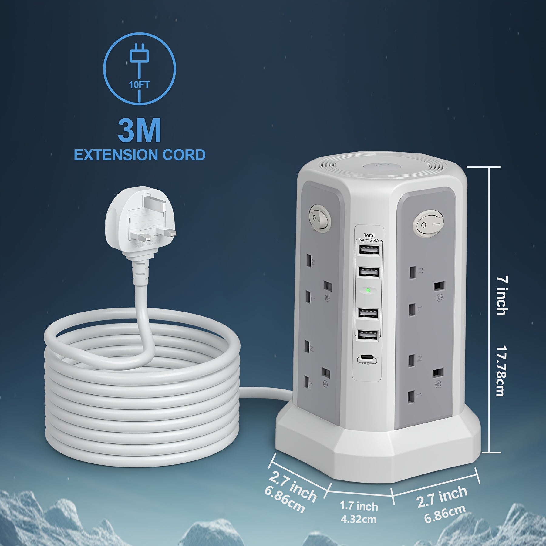 2-Story Tower Power Supply with 8 AC Sockets, 4 USB Ports, 1 USB-C PD20W Fast Charging