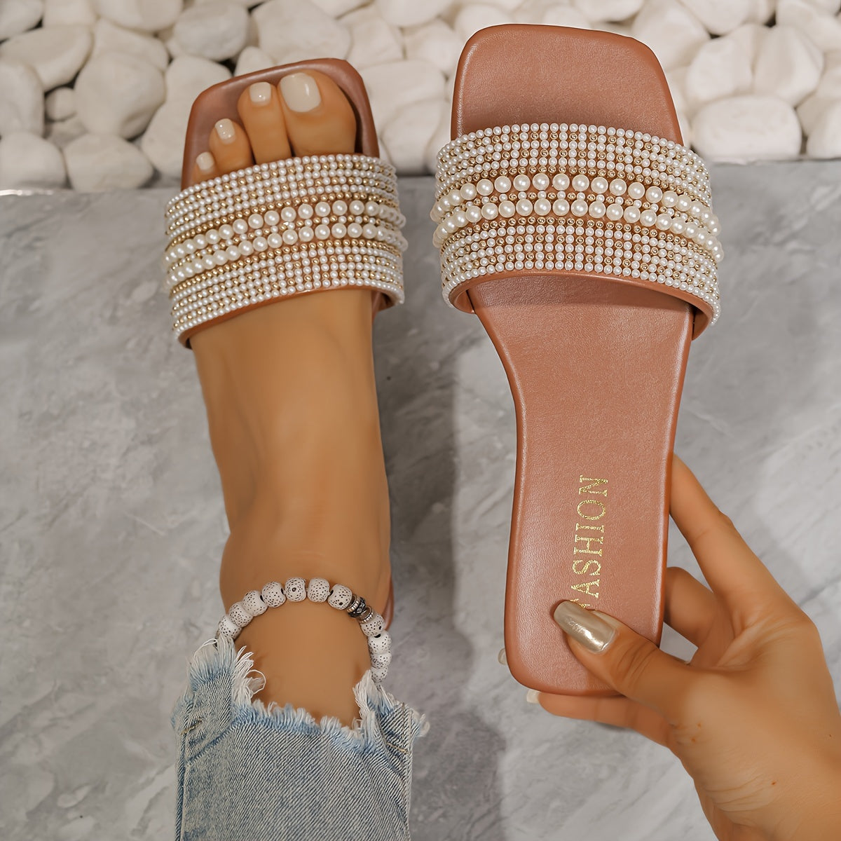 Elegant Women's Summer Flat Slide Sandals - Chic Square Toe with Pearl & Rhinestone Embellishments, Casual Slip-On Design, Faux Cover