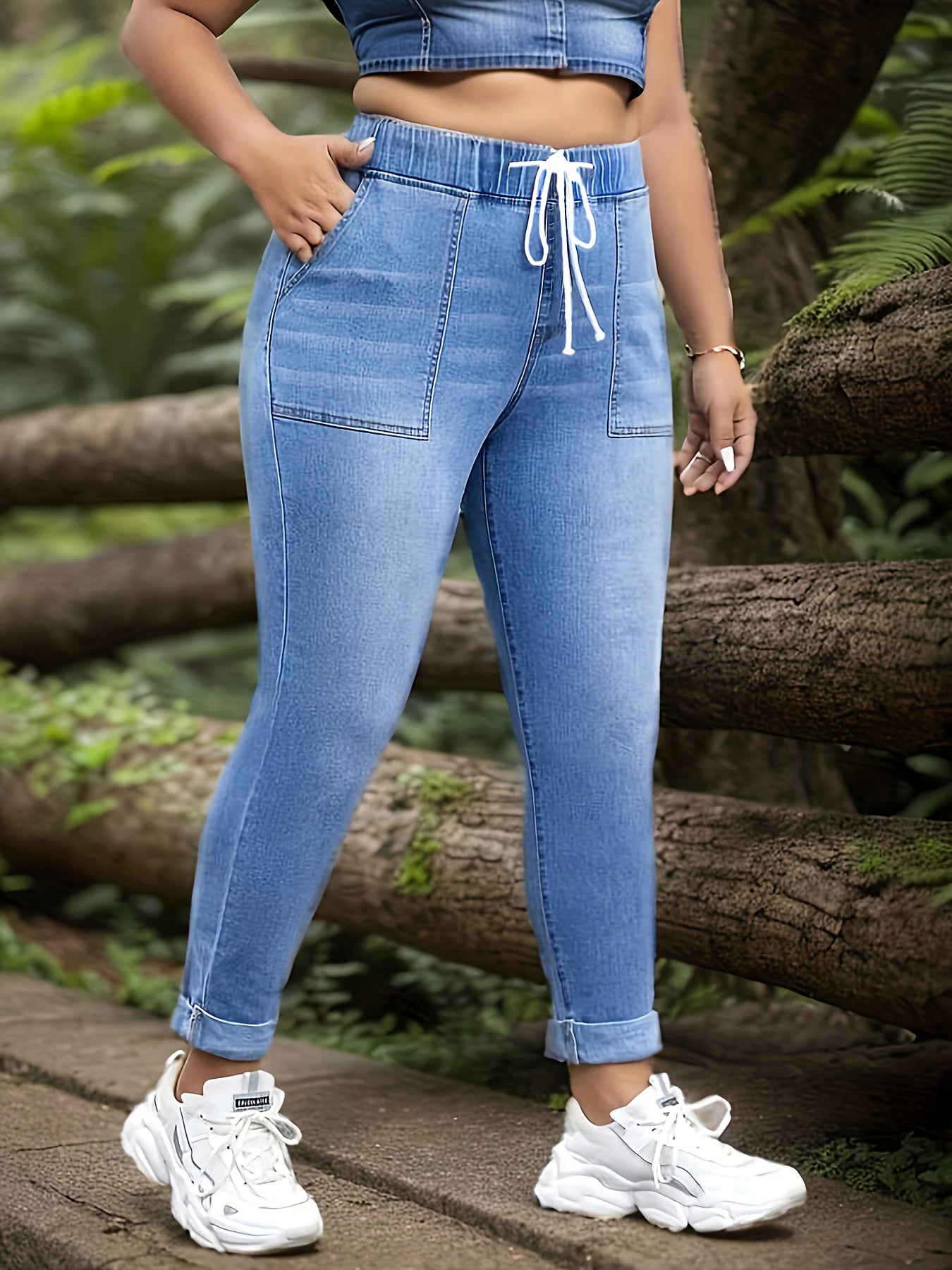 Women's Plus Washed Elastic Drawstring High Rise High Stretch Jeans