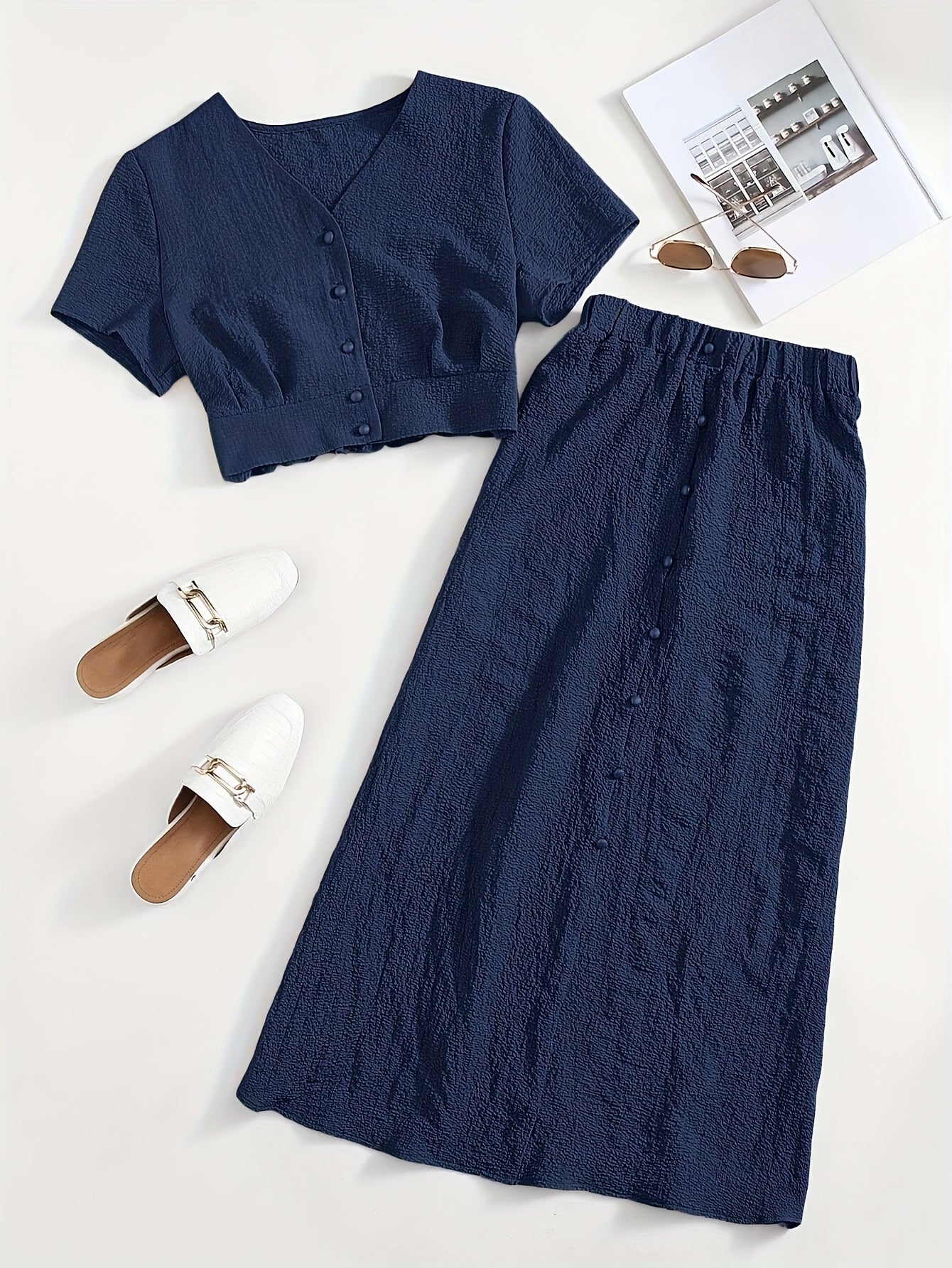 Simple Casual Two-Piece Set with Textured Short Button Front Shirt and Elastic Waist Skirt