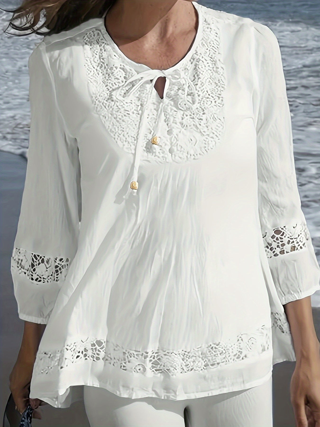 Casual Tie-neck 3/4 Sleeve Blouse For Spring, Women's Plus Size