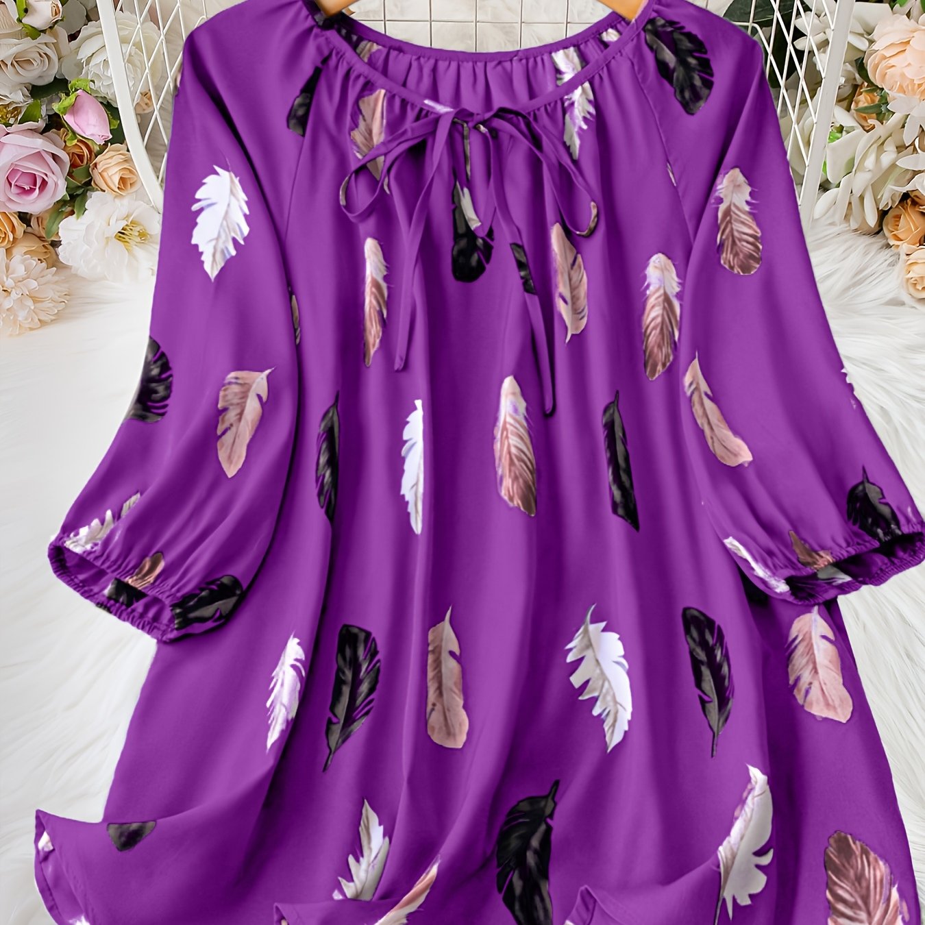 Elegant Notched Collar Shirting Blouse with Print, Non-Stretch