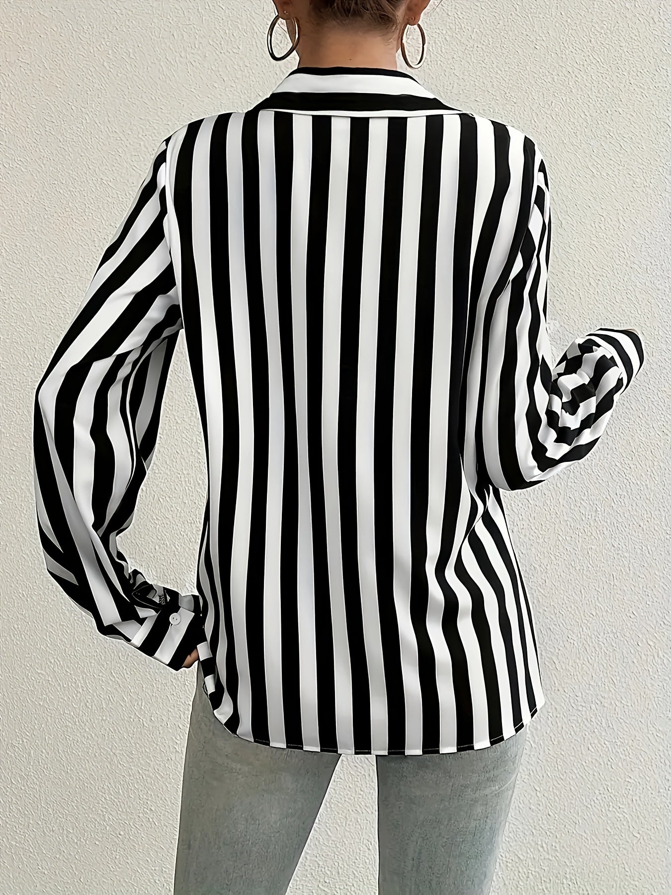 Black & White Striped Women's Casual Button-Up Shirt | Long Sleeve Collared Blouse with Chest Pocket, Polyester Fabric, Machine Washable,