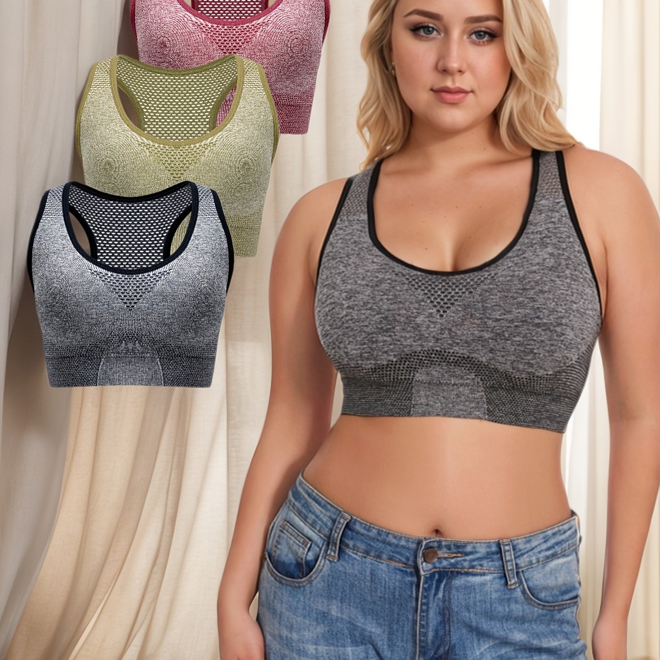 3pcs Breathable Lingerie, Large Size, No Steel Ring, No Trace, Hollow Grid, Thin Sports Yoga Bra, Zero Restriction, Large Size, No Steel Ring, No
