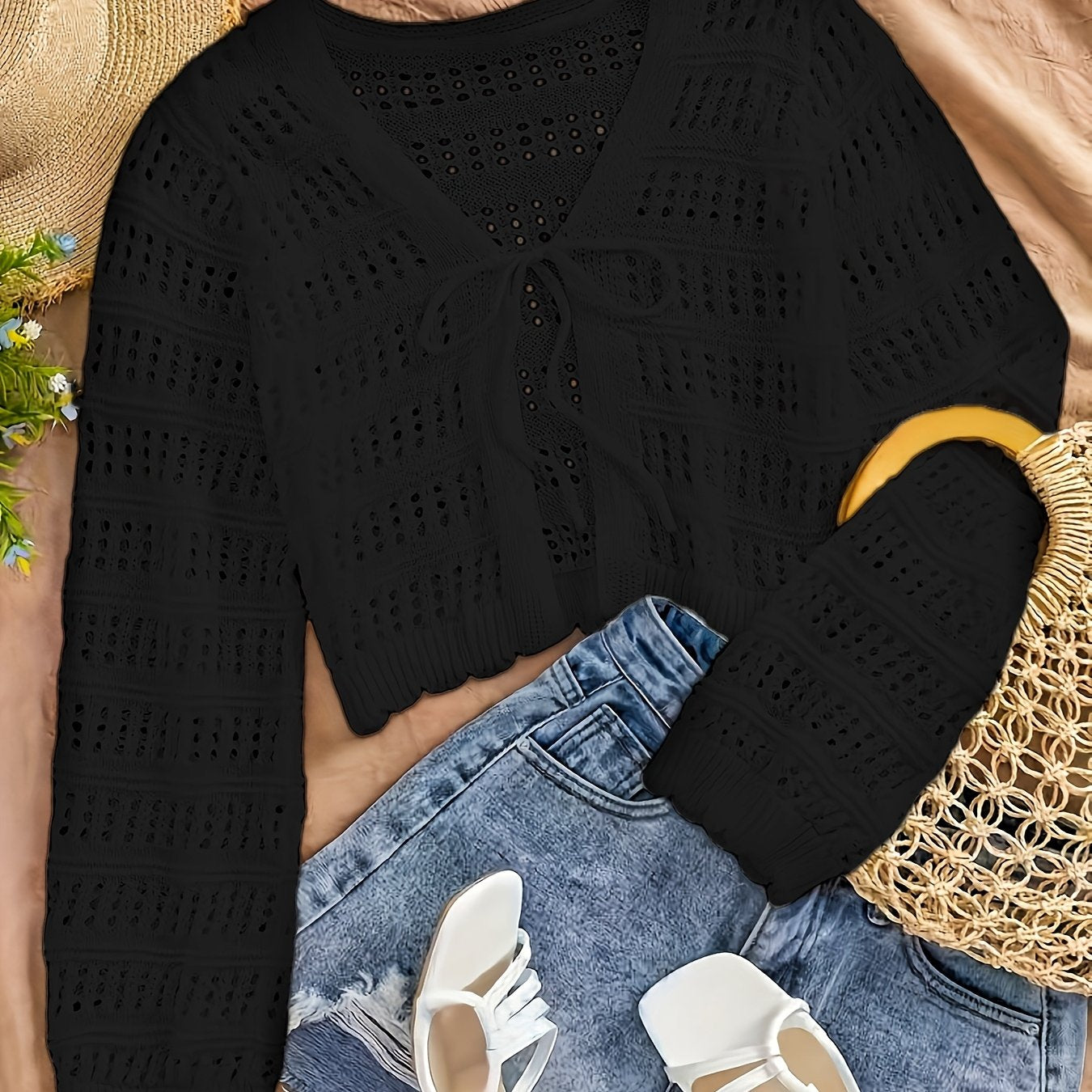 Women's Summer Semi-Sheer Lace Cardigan - V-Neck Crochet Cover-Up with Adjustable Tie Hem, Long Sleeve Beach Vacation Top, Breathable Open Front Design for Casual Outings, Beach Lace Cover Up, Summer Layering Piece, Crochet T