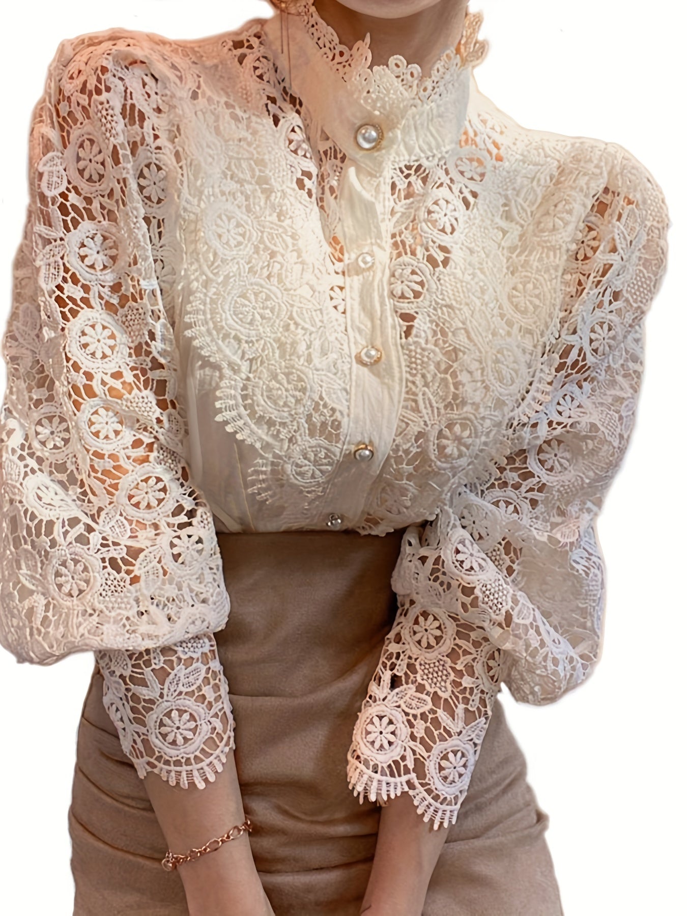 Elegant Women's Pleated Blouse with Sheer Lace