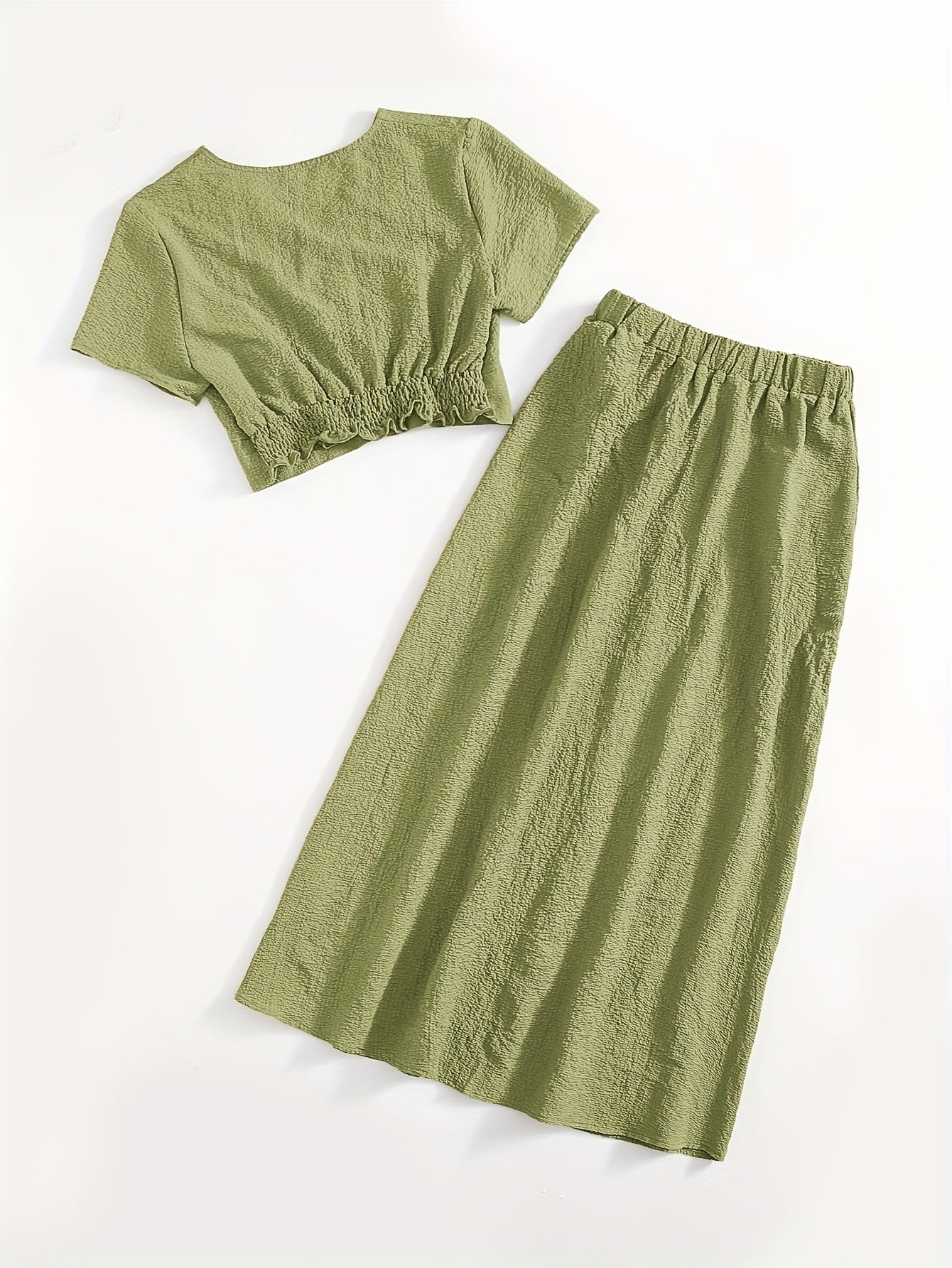 Simple Casual Two-Piece Set with Textured Short Button Front Shirt and Elastic Waist Skirt