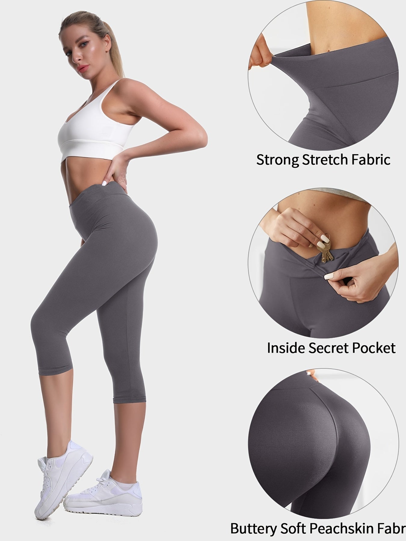 Women's Plus Size Capri Leggings, High Waist Tummy Control