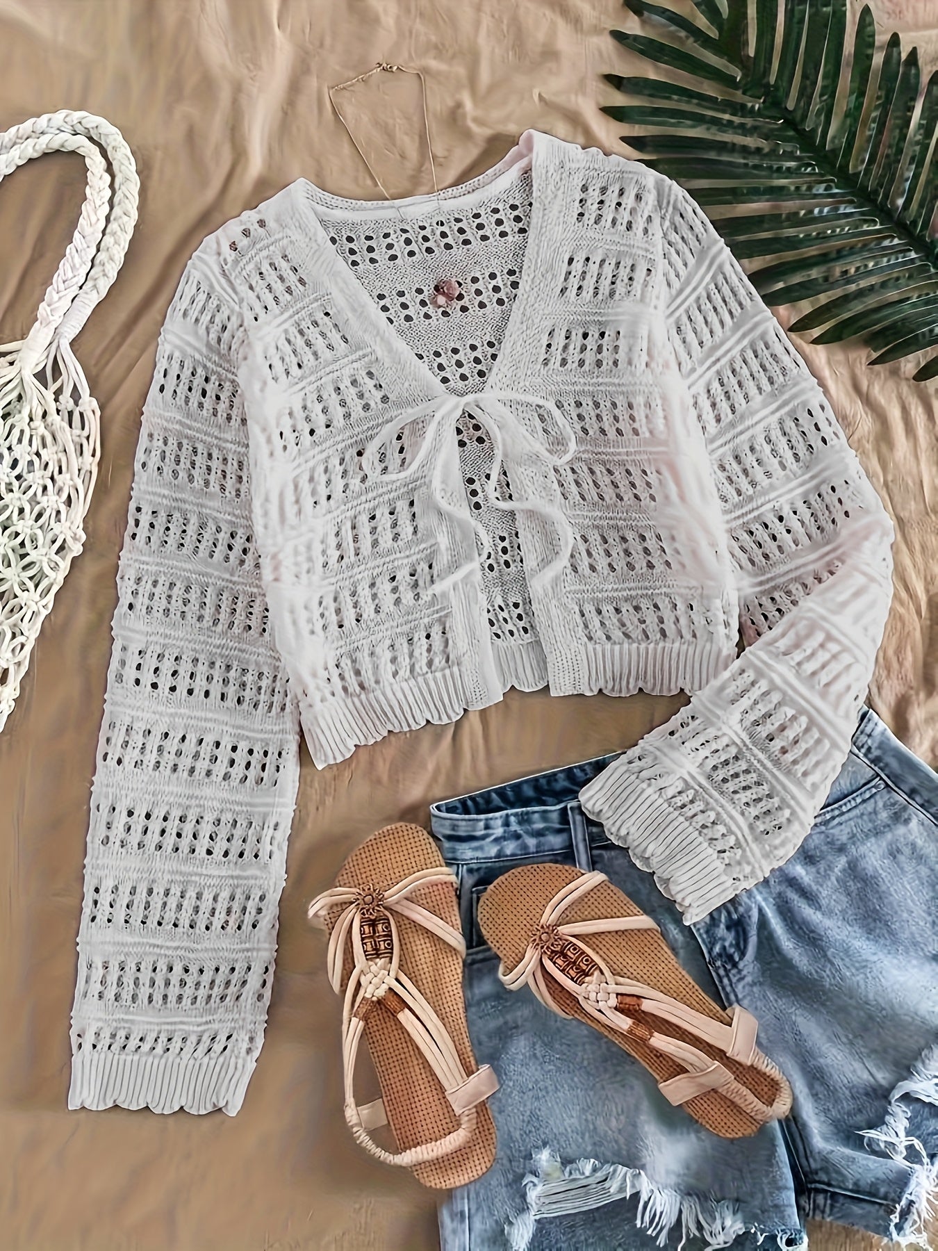 Women's Summer Semi-Sheer Lace Cardigan - V-Neck Crochet Cover-Up with Adjustable Tie Hem, Long Sleeve Beach Vacation Top, Breathable Open Front Design for Casual Outings, Beach Lace Cover Up, Summer Layering Piece, Crochet T