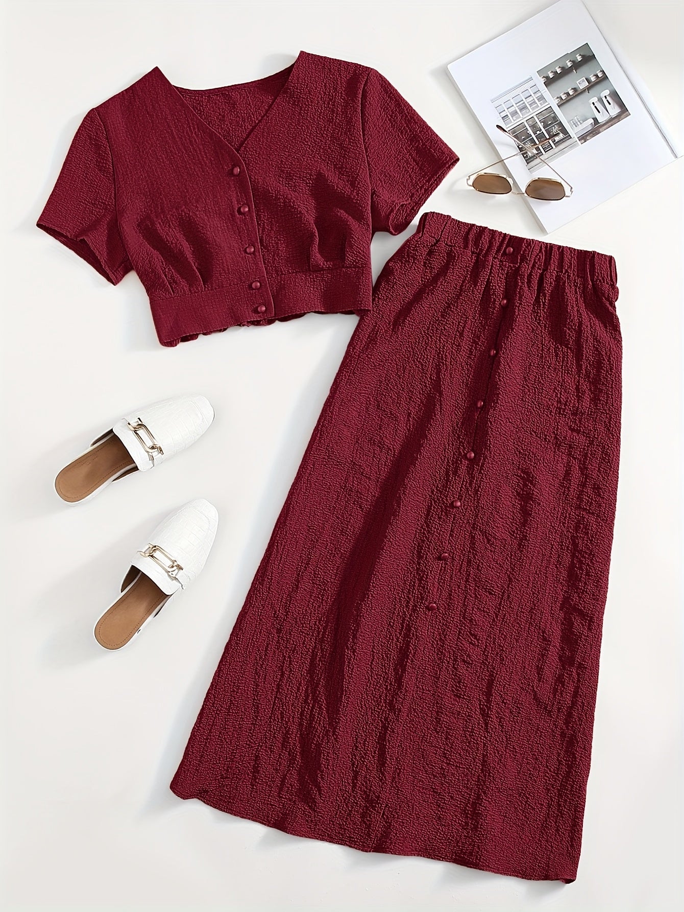 Simple Casual Two-Piece Set with Textured Short Button Front Shirt and Elastic Waist Skirt