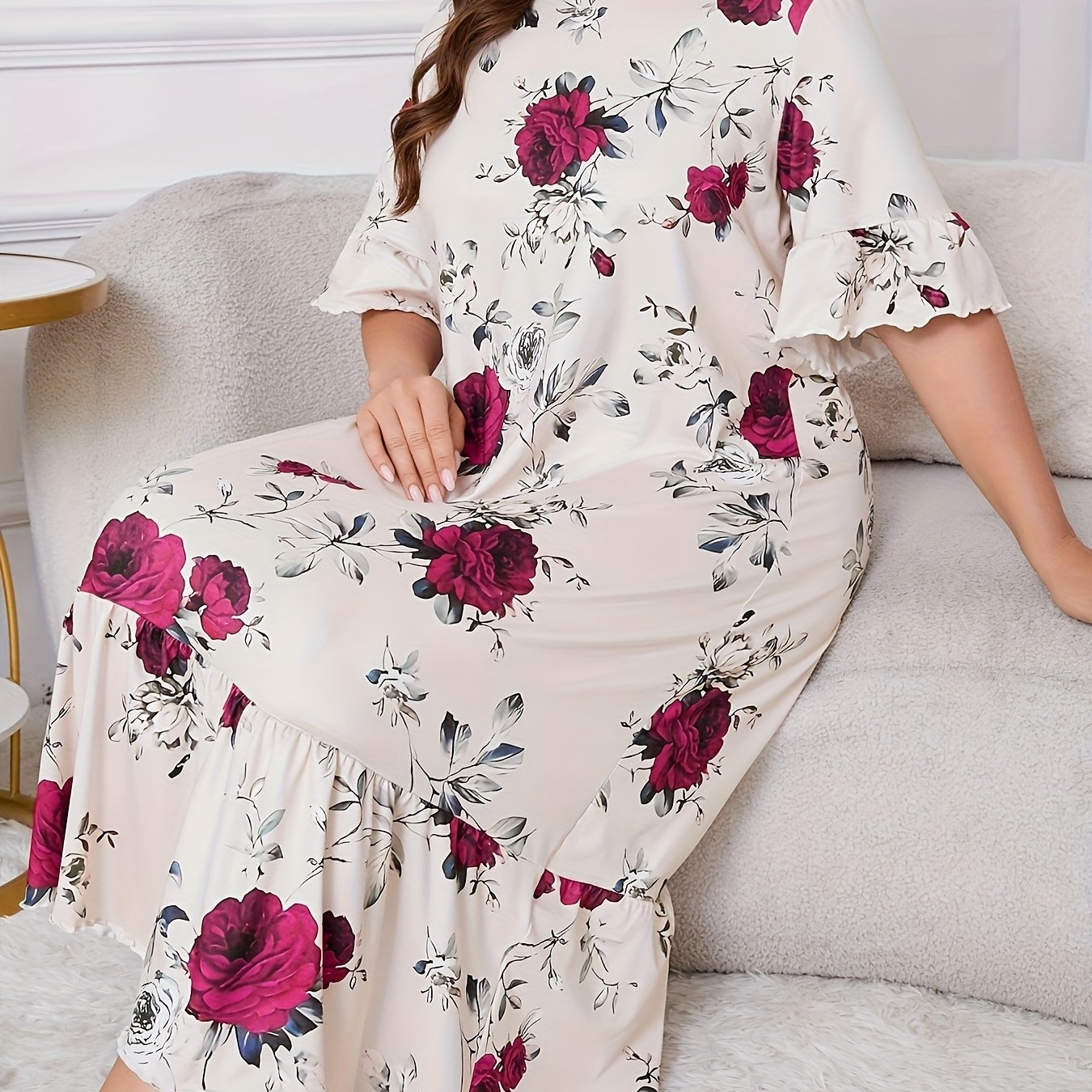 Elegant Floral Print Plus Size Nightgown