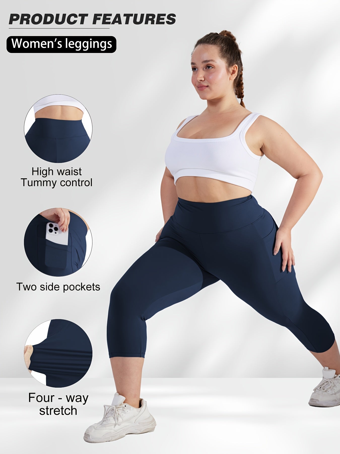 Women's Plus Size High-Waisted Capri Leggings with Side Phone Pockets