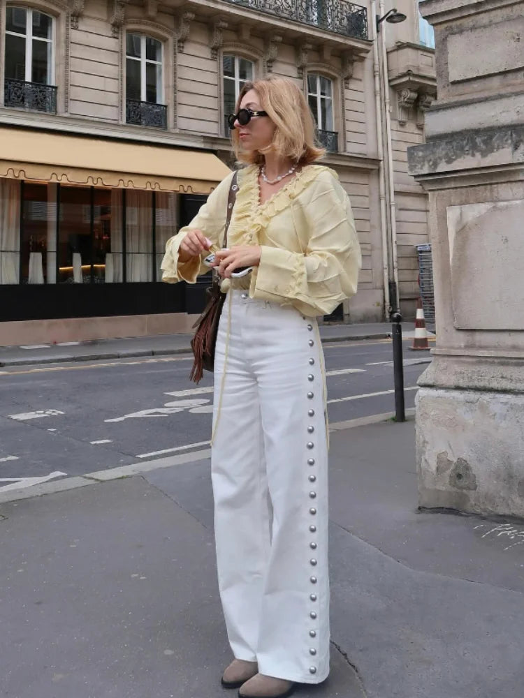 Bead Women's Denim Jean Loose High Waisted Pockets Zipper All-match Straight Leg Trouser Female 2025 Y2k Street Lady Outwear