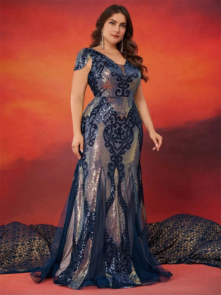 BLUEPLUM Plus Size Luxurious Short Sleeve Sequin Formal Evening Dress Women Elegant Mermaid Party Cocktail Gown Special Event