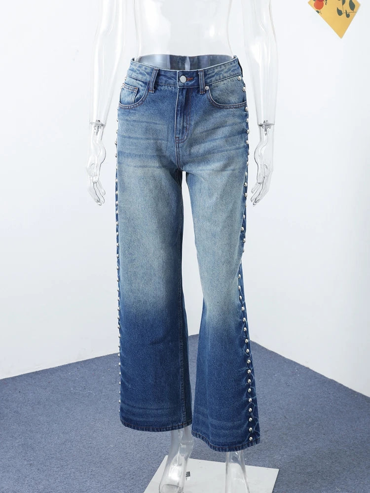 Bead Women's Denim Jean Loose High Waisted Pockets Zipper All-match Straight Leg Trouser Female 2025 Y2k Street Lady Outwear