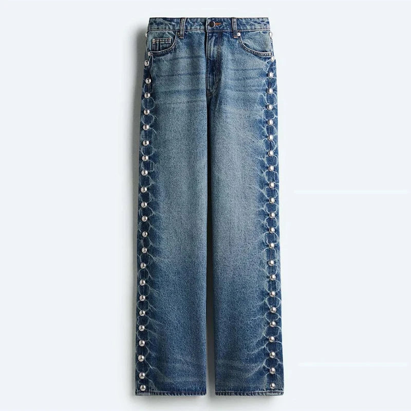 Bead Women's Denim Jean Loose High Waisted Pockets Zipper All-match Straight Leg Trouser Female 2025 Y2k Street Lady Outwear