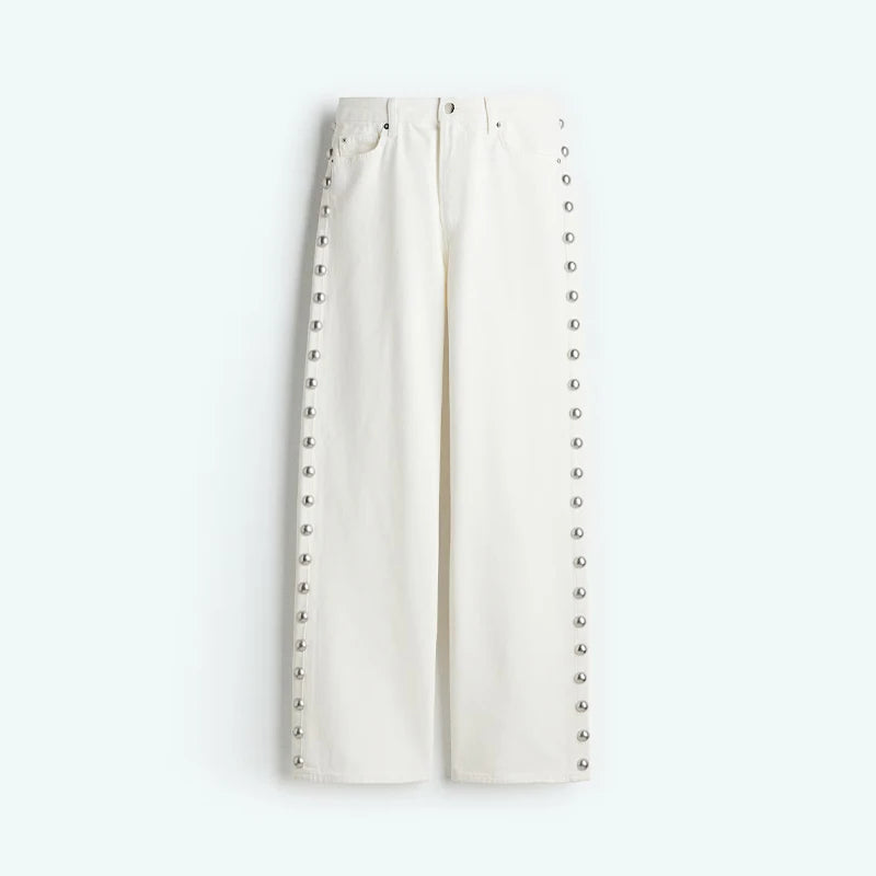 Bead Women's Denim Jean Loose High Waisted Pockets Zipper All-match Straight Leg Trouser Female 2025 Y2k Street Lady Outwear