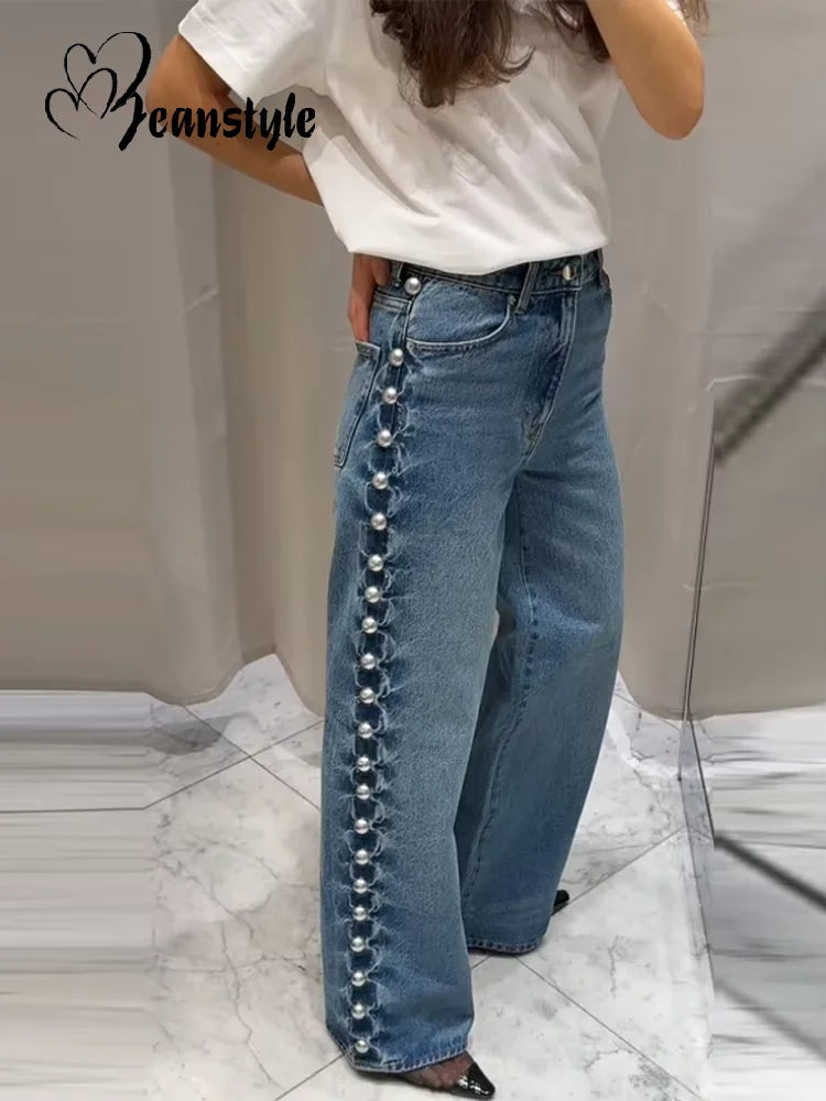 Bead Women's Denim Jean Loose High Waisted Pockets Zipper All-match Straight Leg Trouser Female 2025 Y2k Street Lady Outwear