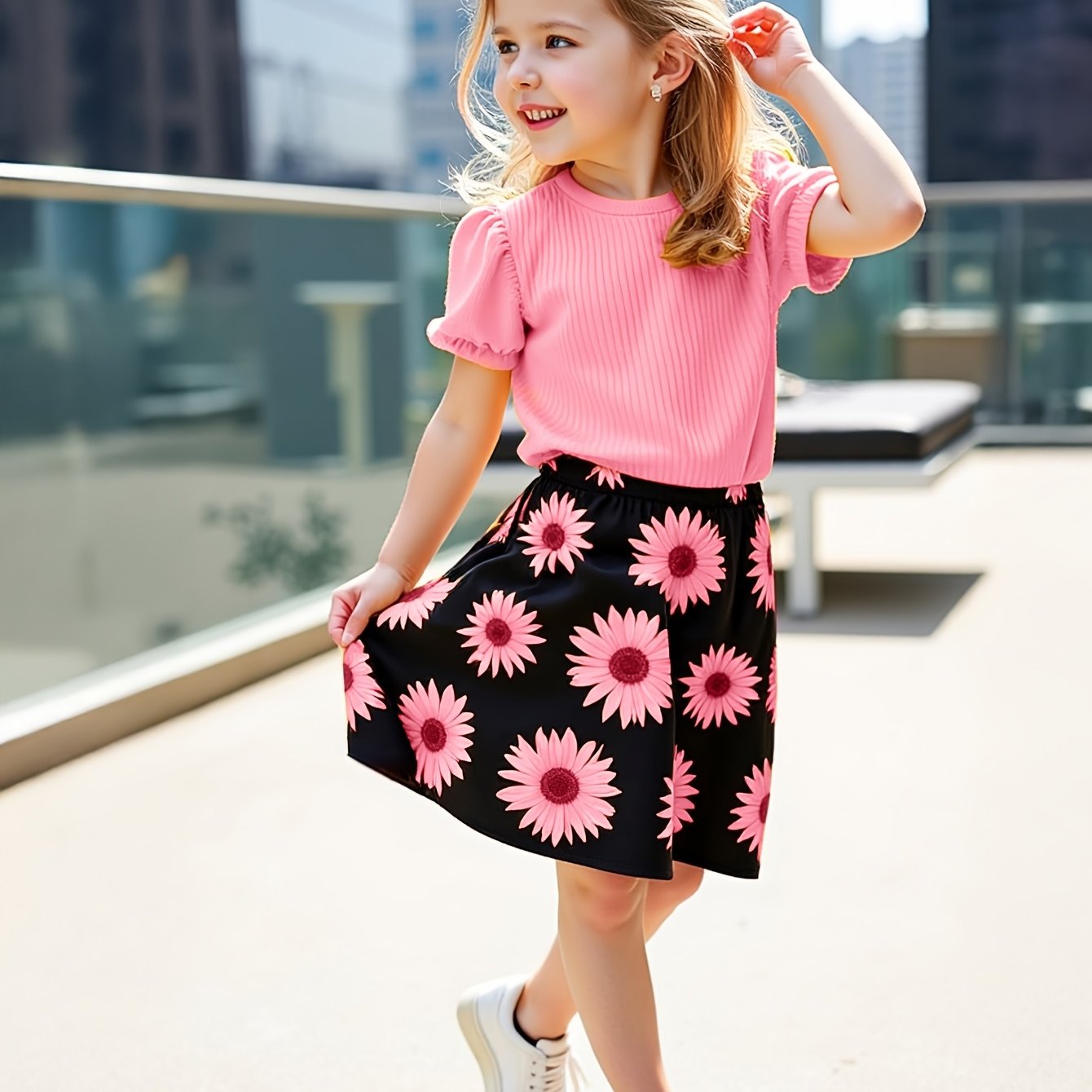 Girls' Sunflower Print Short Sleeve Top + Skirt Set