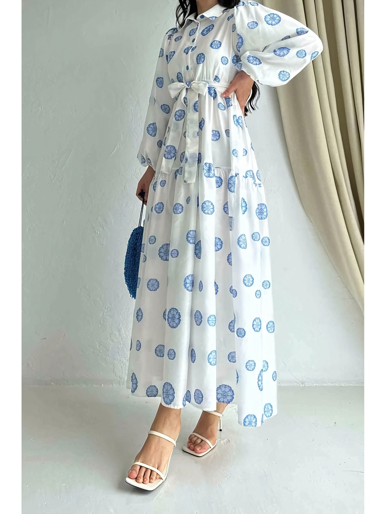 Women's Elegant Red Rose Print Long Sleeve Dress
