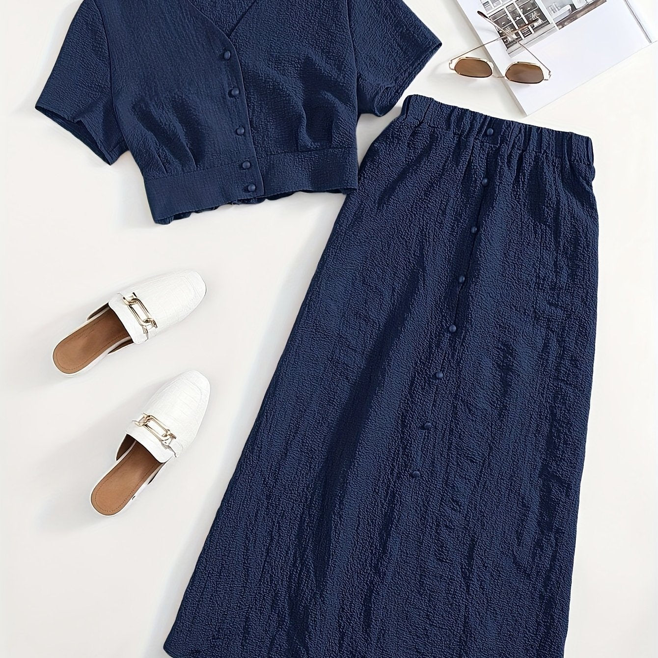 Simple Casual Two-Piece Set with Textured Short Button Front Shirt and Elastic Waist Skirt