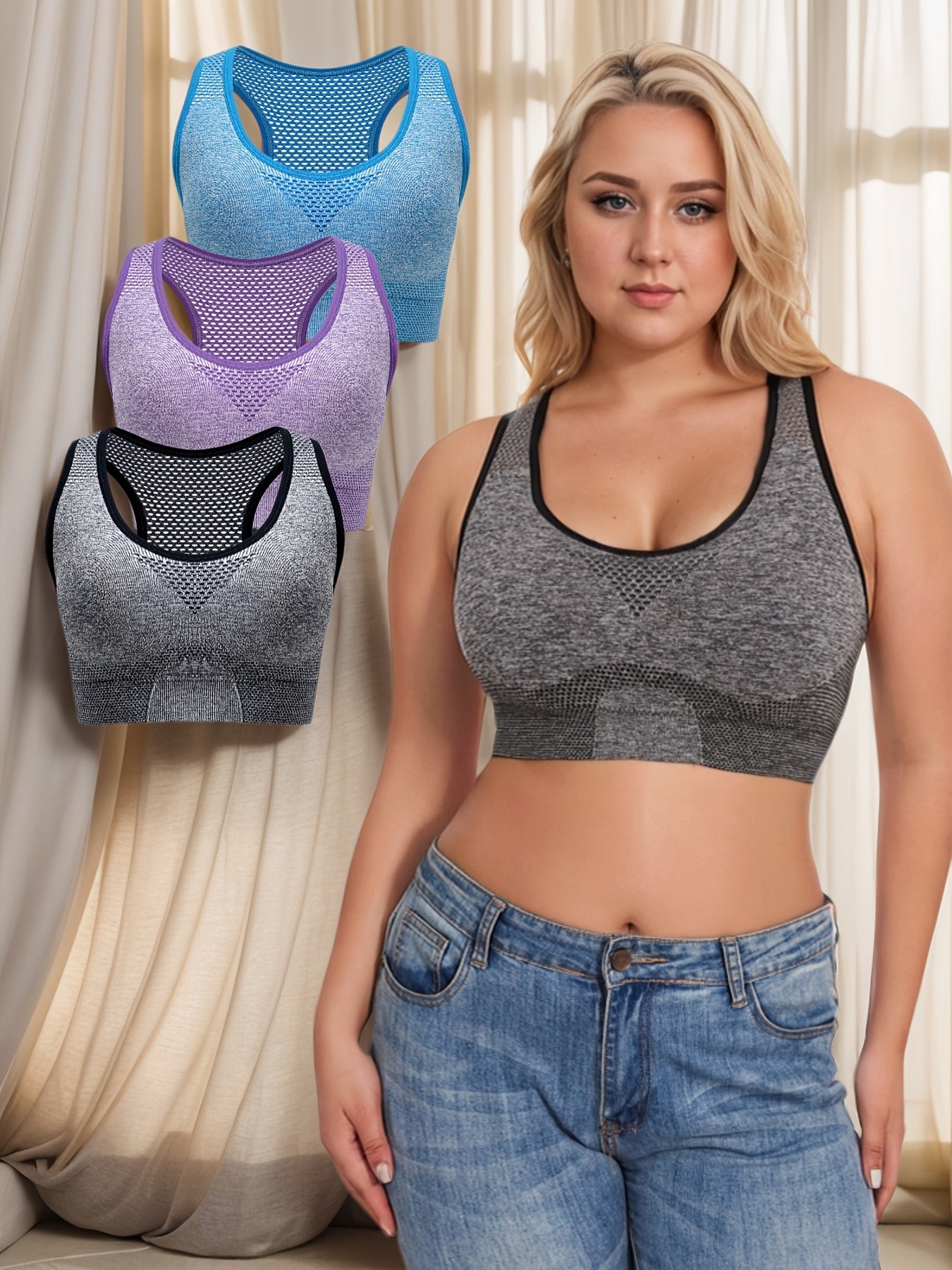 3pcs Breathable Lingerie, Large Size, No Steel Ring, No Trace, Hollow Grid, Thin Sports Yoga Bra, Zero Restriction, Large Size, No Steel Ring, No