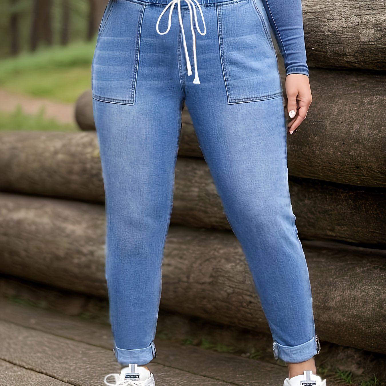 Women's Plus Washed Elastic Drawstring High Rise High Stretch Jeans