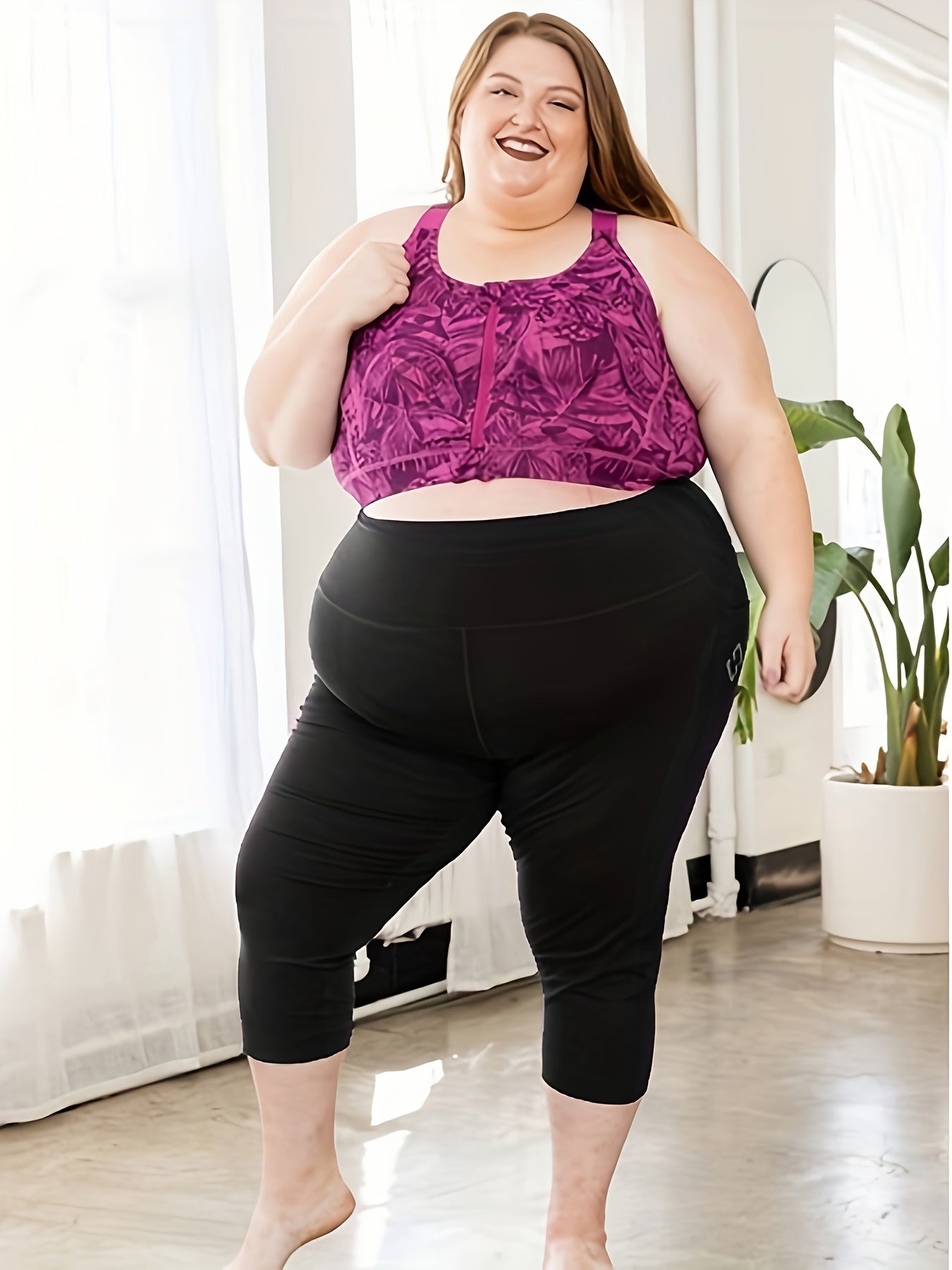 Women's Plus Size Capri Leggings, High Waist Tummy Control