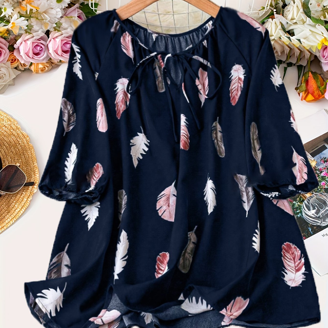 Elegant Notched Collar Shirting Blouse with Print, Non-Stretch