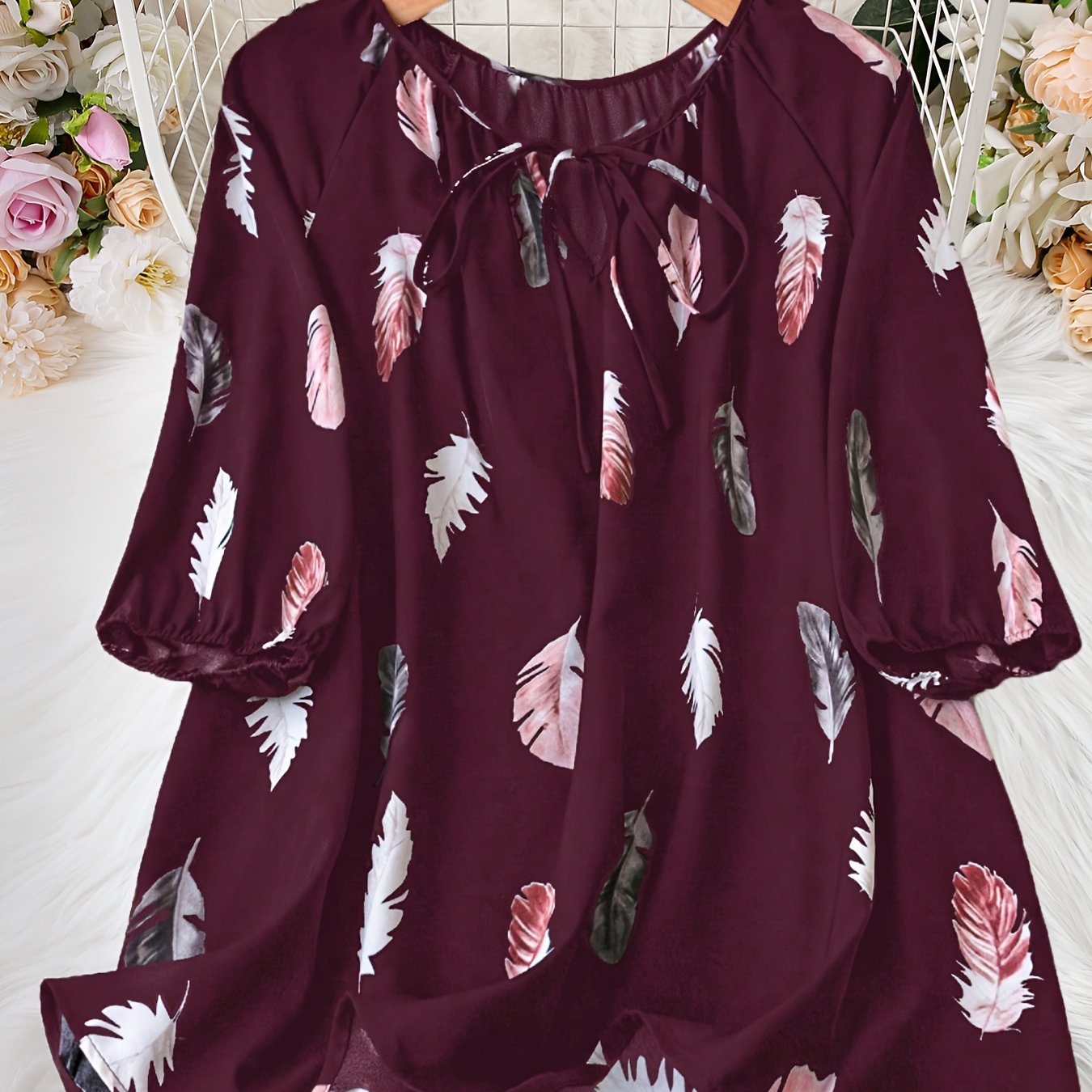 Elegant Notched Collar Shirting Blouse with Print, Non-Stretch