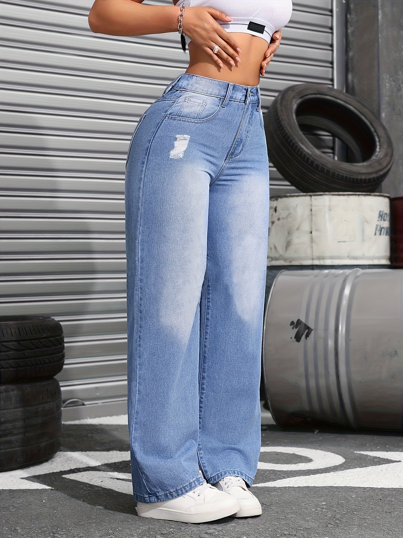 High-Waisted Elastic Denim Jeans, loos Fit