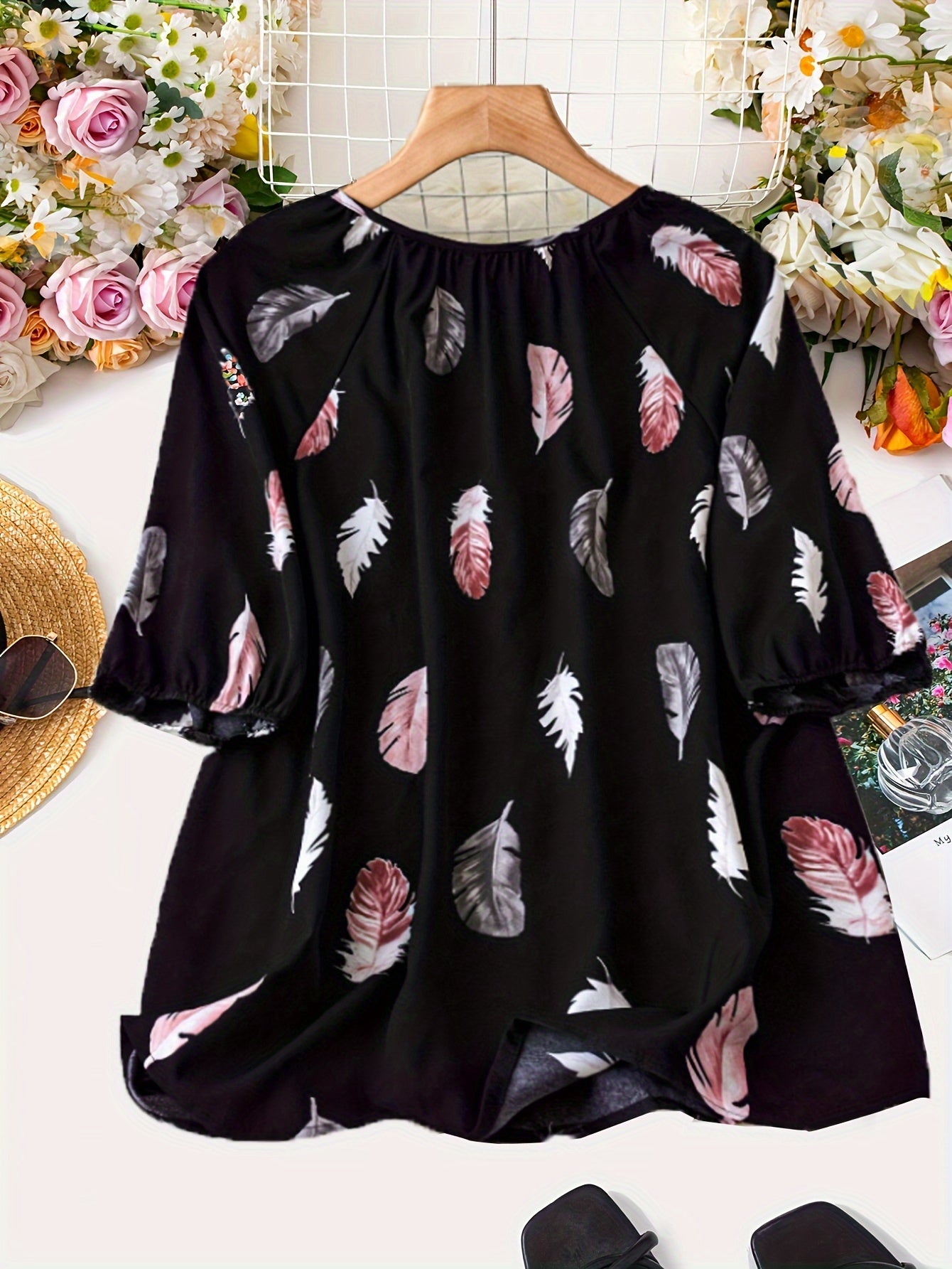 Elegant Notched Collar Shirting Blouse with Print, Non-Stretch