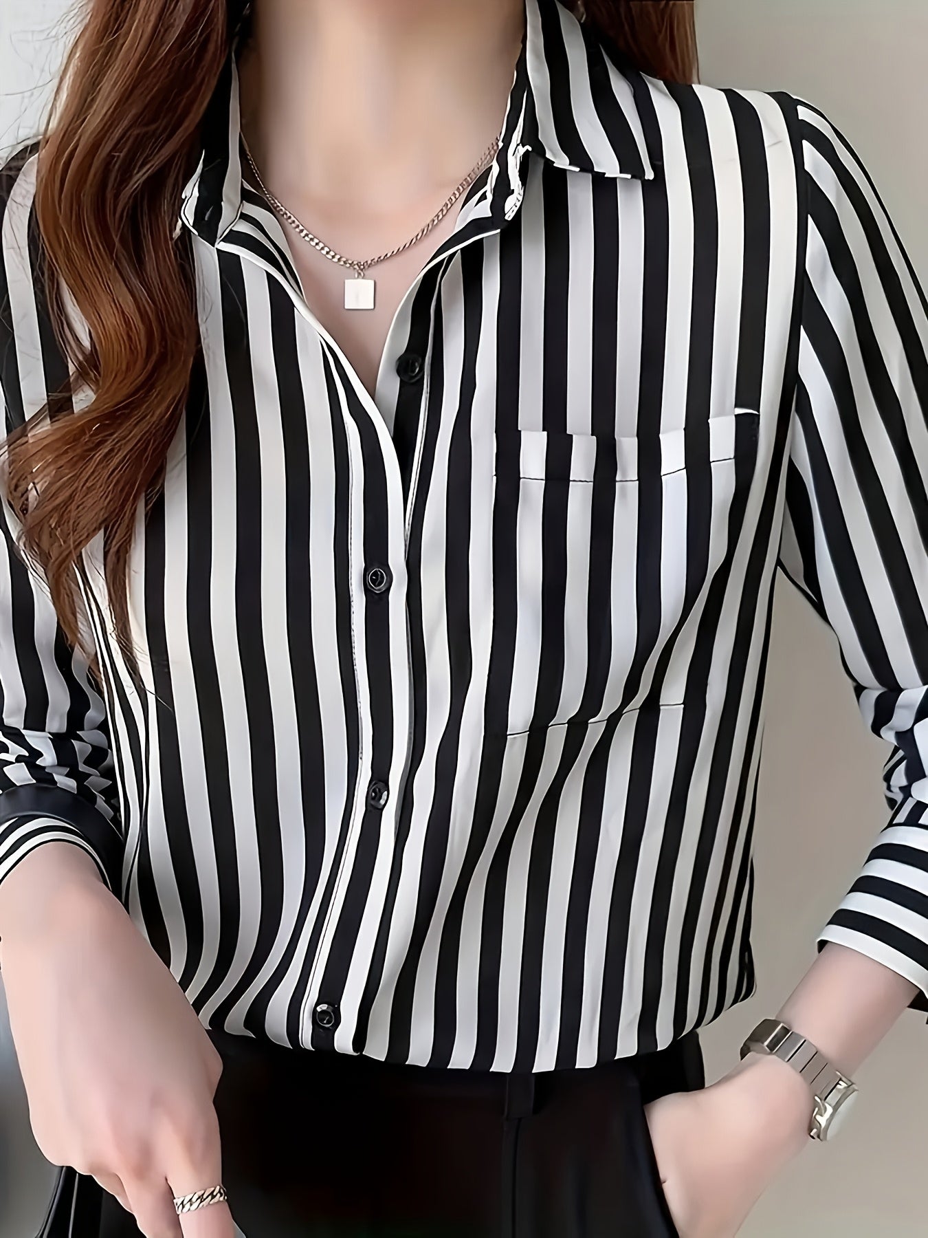 Black & White Striped Women's Casual Button-Up Shirt | Long Sleeve Collared Blouse with Chest Pocket, Polyester Fabric, Machine Washable,