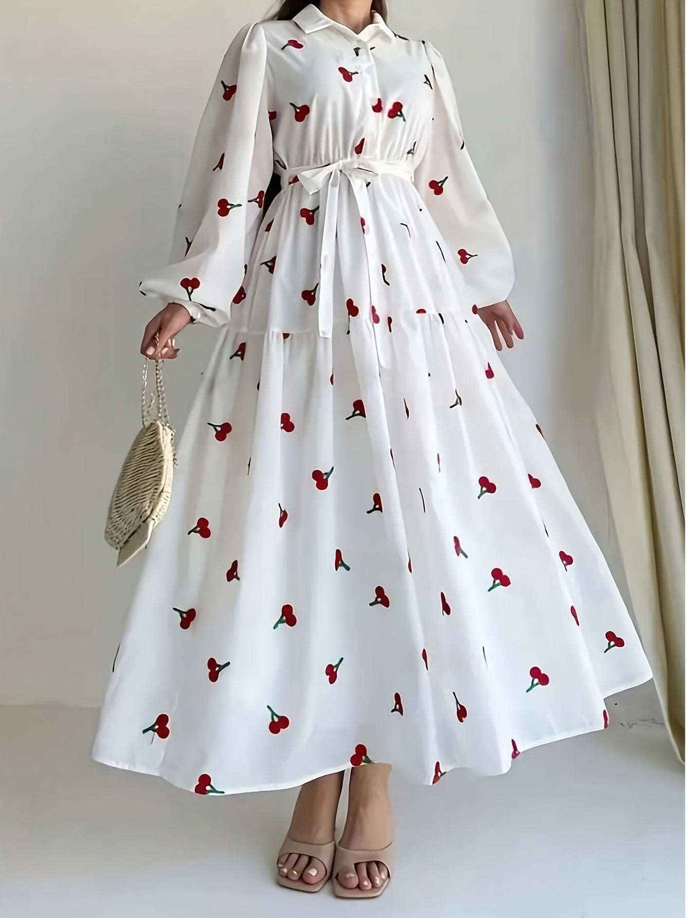 Women's Elegant Red Rose Print Long Sleeve Dress