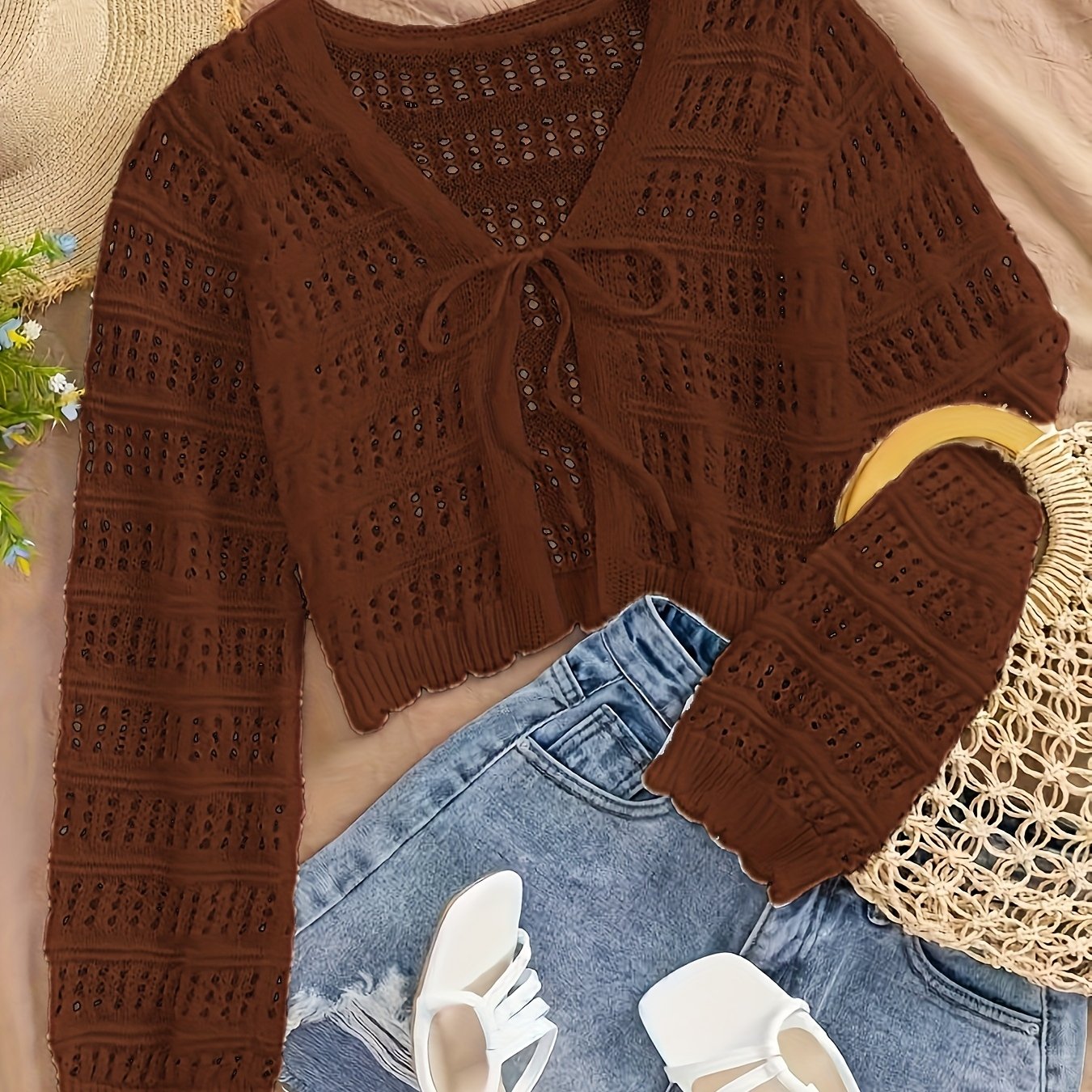 Women's Summer Semi-Sheer Lace Cardigan - V-Neck Crochet Cover-Up with Adjustable Tie Hem, Long Sleeve Beach Vacation Top, Breathable Open Front Design for Casual Outings, Beach Lace Cover Up, Summer Layering Piece, Crochet T