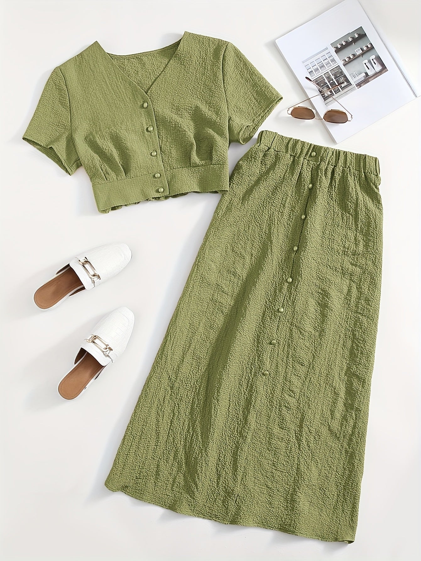 Simple Casual Two-Piece Set with Textured Short Button Front Shirt and Elastic Waist Skirt