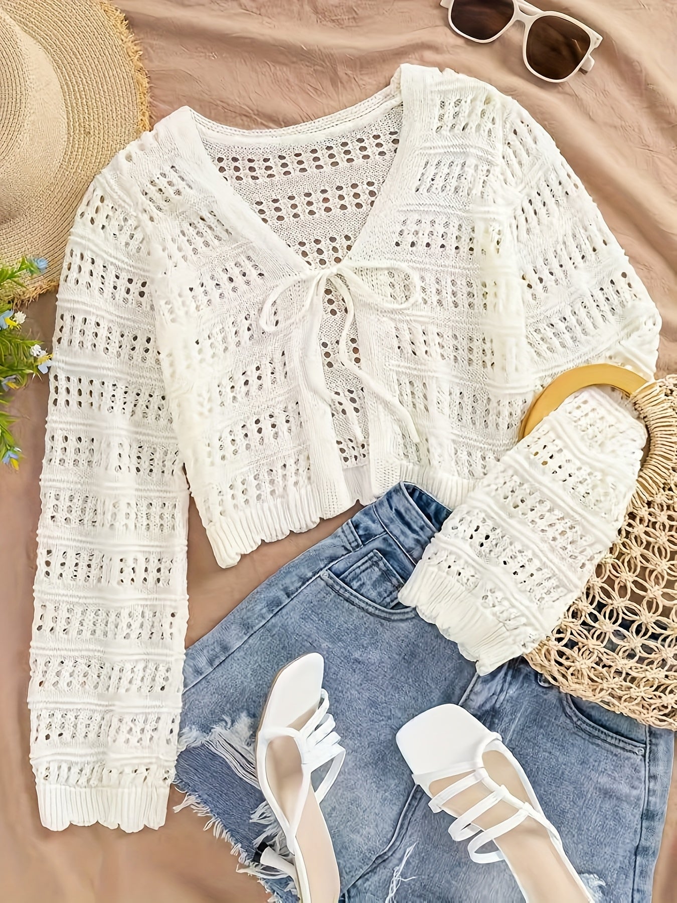 Women's Summer Semi-Sheer Lace Cardigan - V-Neck Crochet Cover-Up with Adjustable Tie Hem, Long Sleeve Beach Vacation Top, Breathable Open Front Design for Casual Outings, Beach Lace Cover Up, Summer Layering Piece, Crochet T