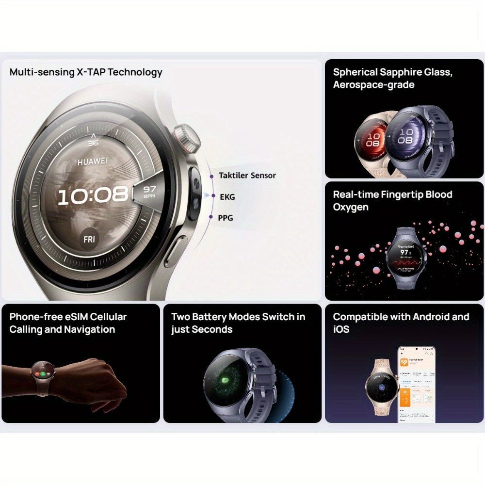 HUAWEI Watch 5 46mm Smartwatch, Multi-sensing X-TAP technology, eSIM, 2-Battery Modes