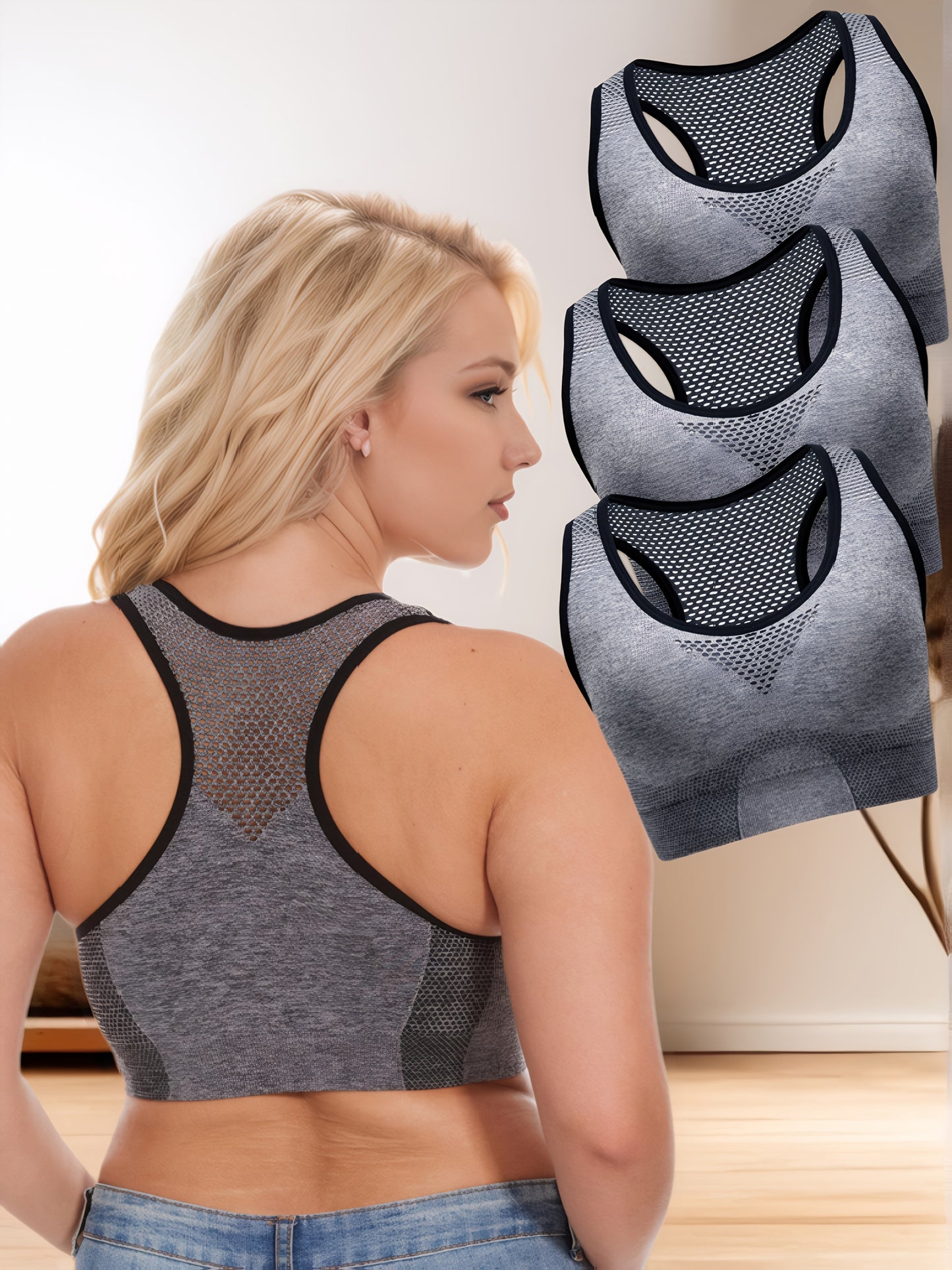 3pcs Breathable Lingerie, Large Size, No Steel Ring, No Trace, Hollow Grid, Thin Sports Yoga Bra, Zero Restriction, Large Size, No Steel Ring, No