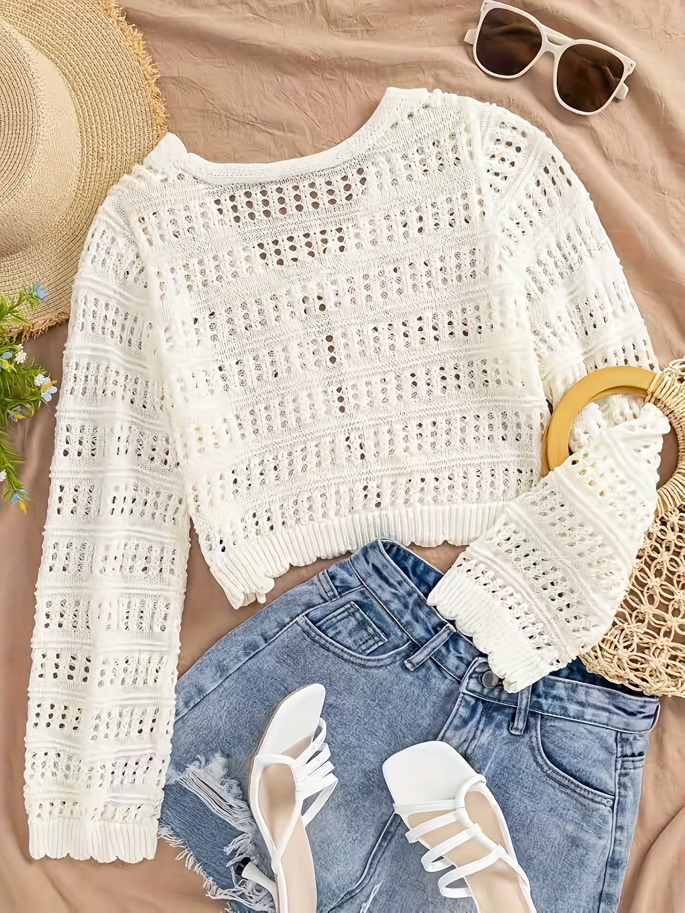 Women's Summer Semi-Sheer Lace Cardigan - V-Neck Crochet Cover-Up with Adjustable Tie Hem, Long Sleeve Beach Vacation Top, Breathable Open Front Design for Casual Outings, Beach Lace Cover Up, Summer Layering Piece, Crochet T