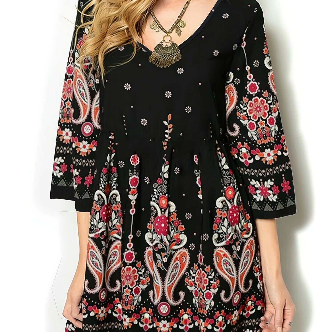 Vintage Paisley Print V-Neck Peplum Dress with Three-Quarter Sleeves