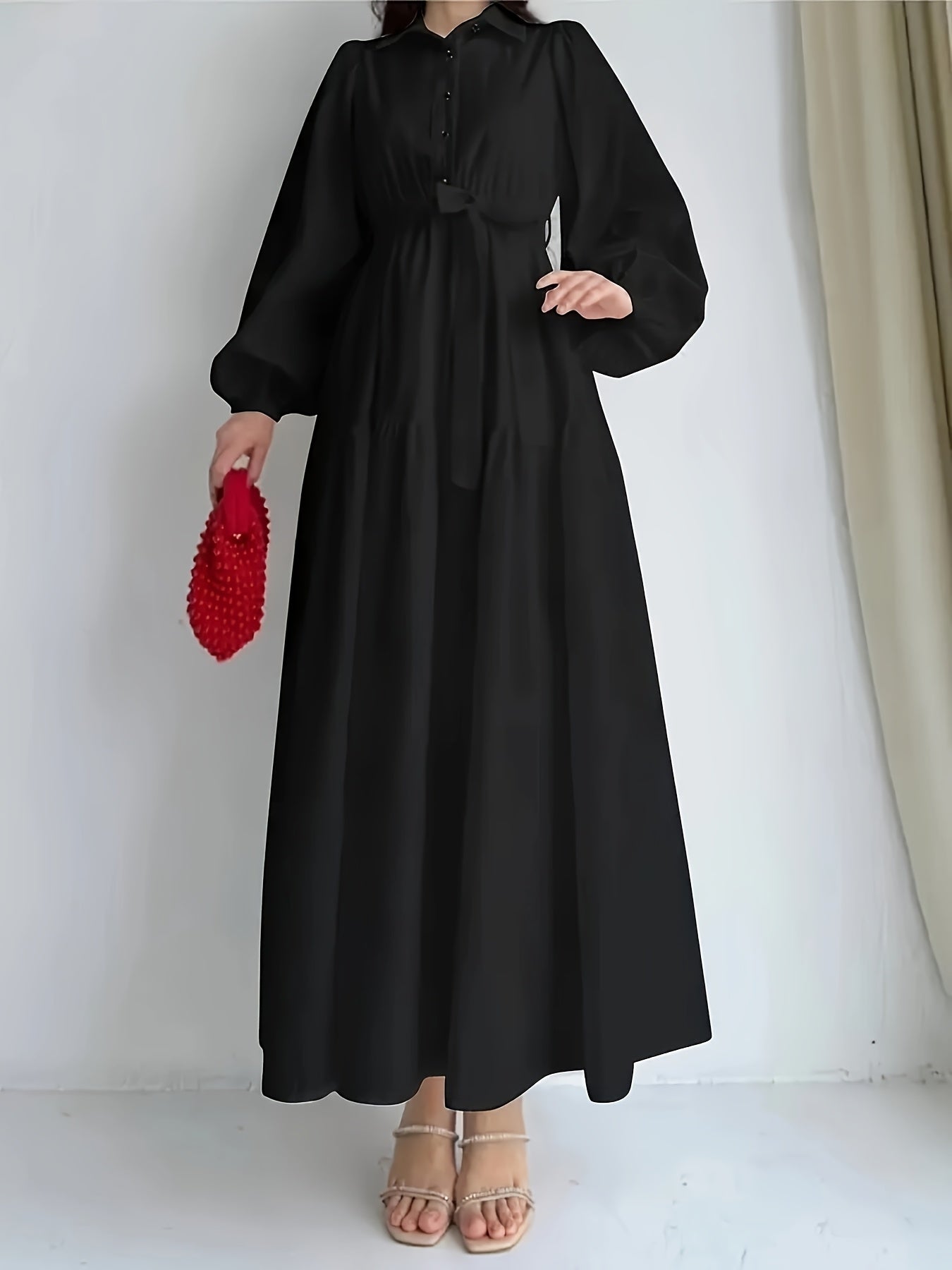 Women's Elegant Red Rose Print Long Sleeve Dress