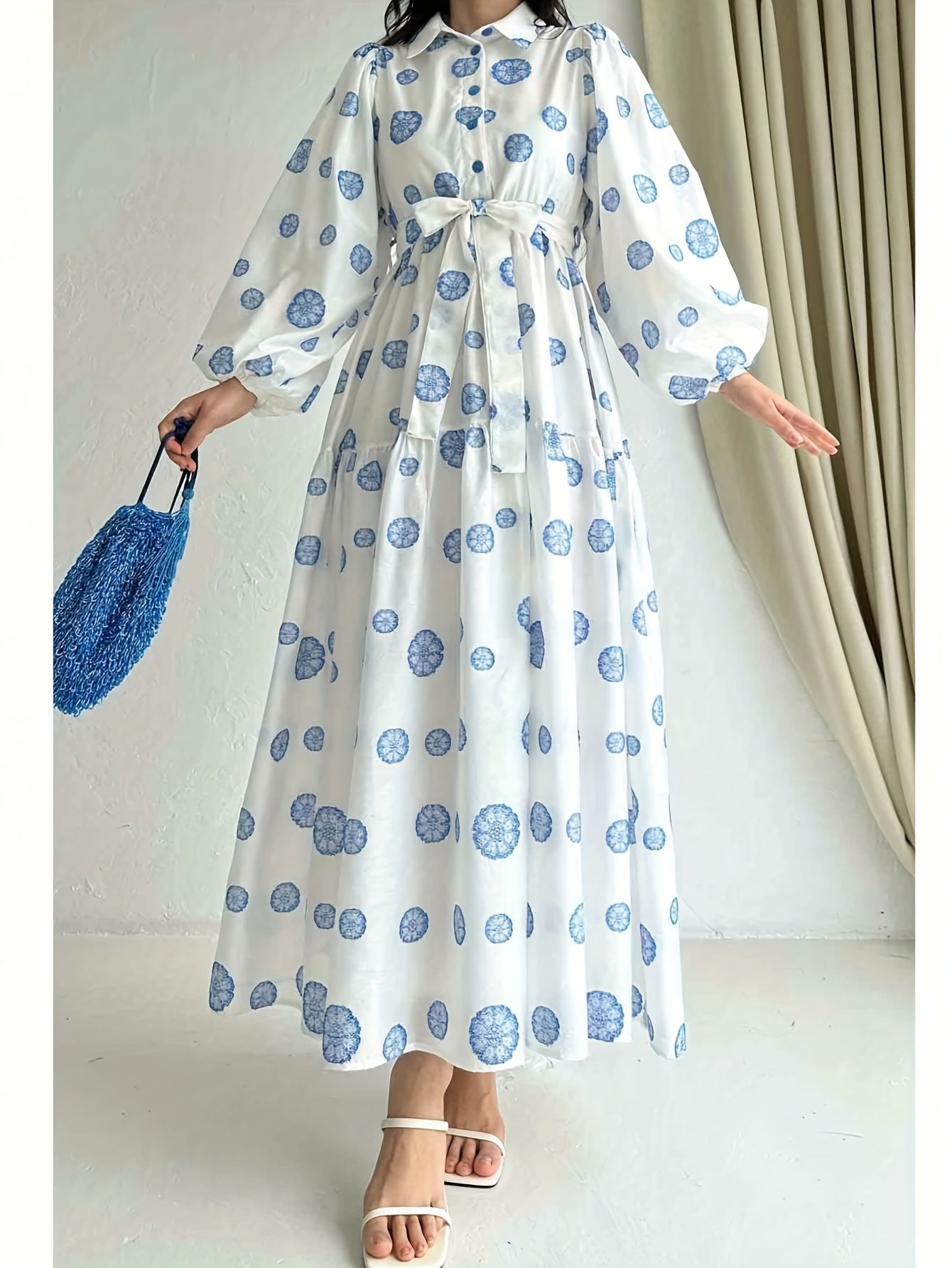 Women's Elegant Red Rose Print Long Sleeve Dress