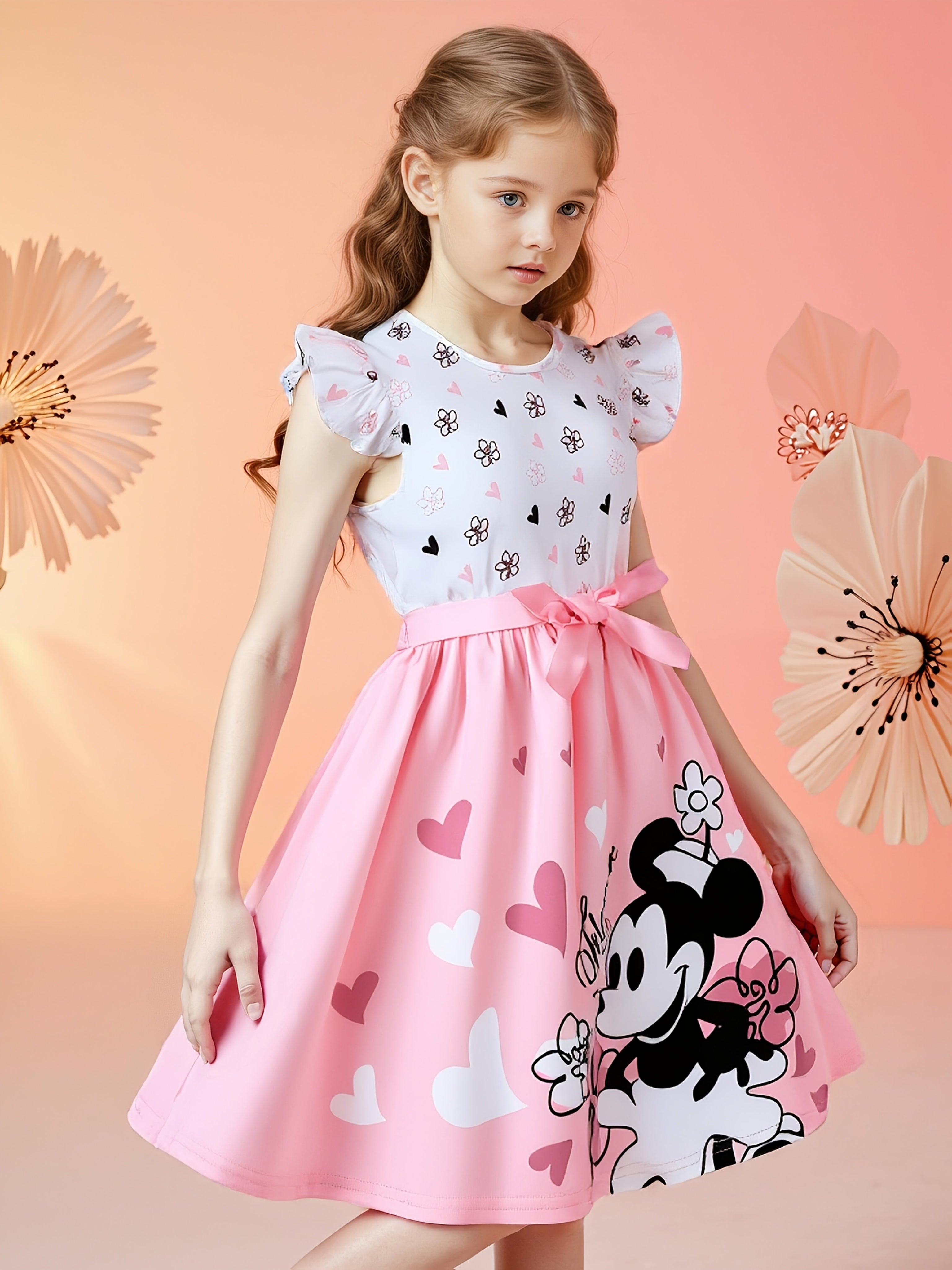 Summer Party Girls' Sweet Style Heart & Cartoon Mouse Print Dress