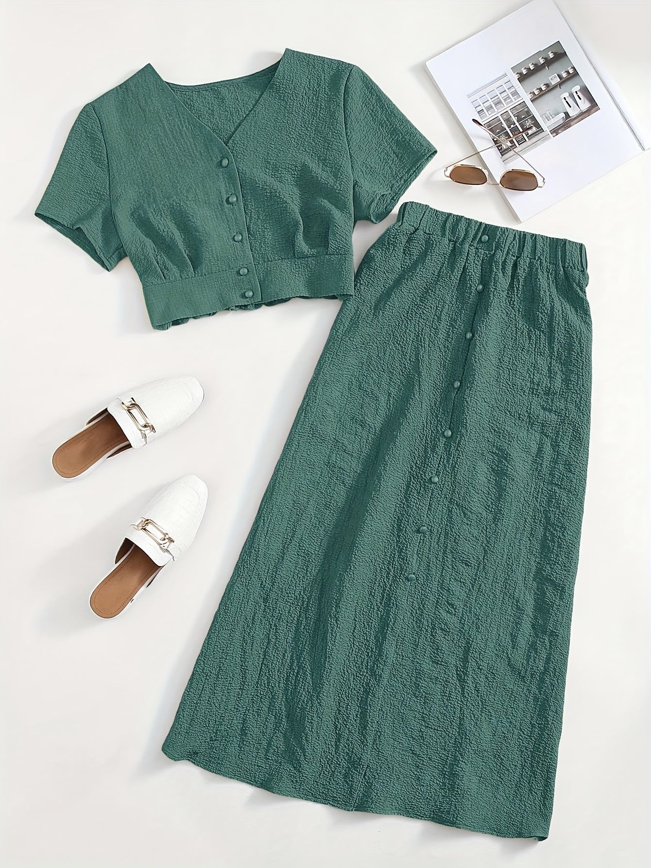 Simple Casual Two-Piece Set with Textured Short Button Front Shirt and Elastic Waist Skirt