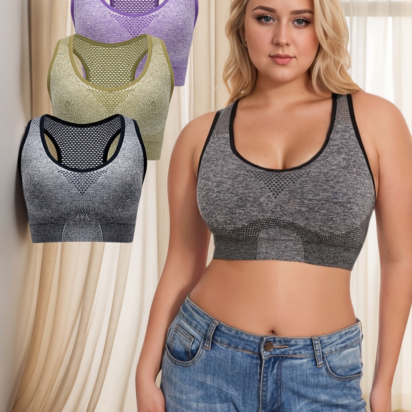 3pcs Breathable Lingerie, Large Size, No Steel Ring, No Trace, Hollow Grid, Thin Sports Yoga Bra, Zero Restriction, Large Size, No Steel Ring, No