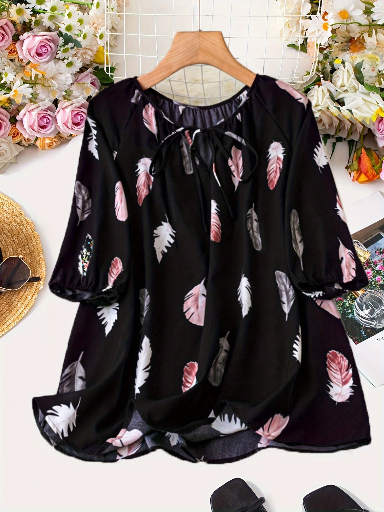 Elegant Notched Collar Shirting Blouse with Print, Non-Stretch