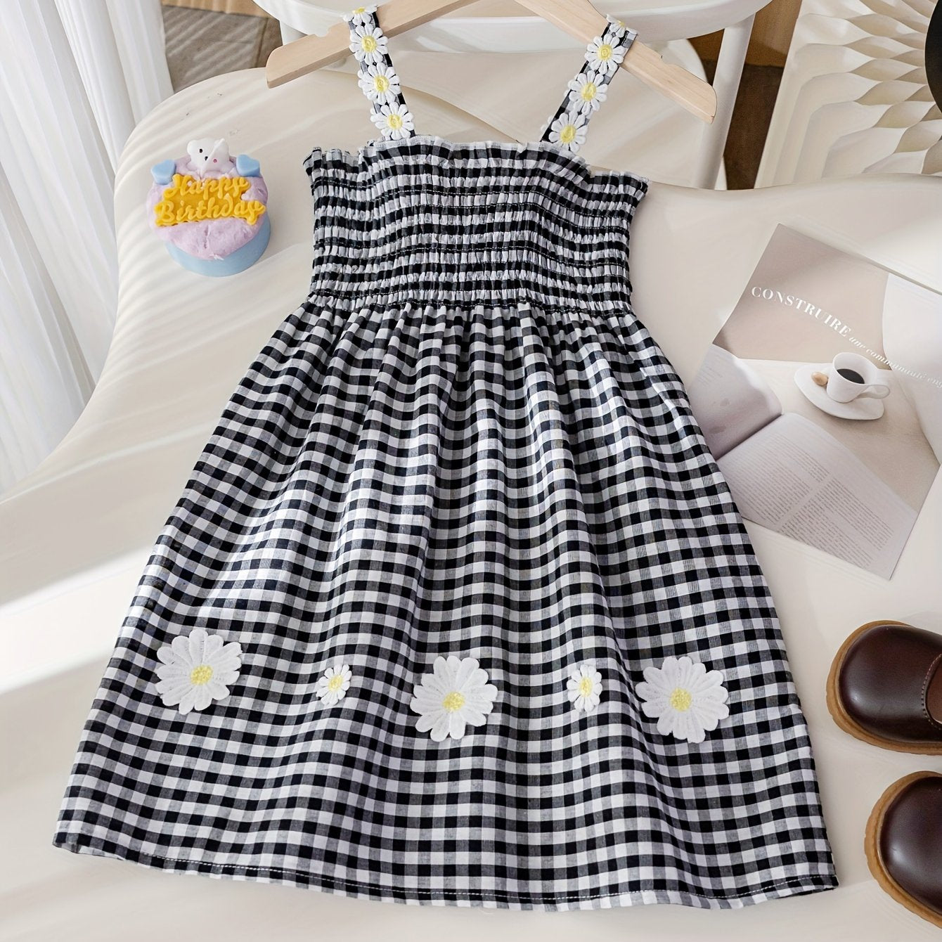 Girls' New Summer Daisy Plaid Casual Dress